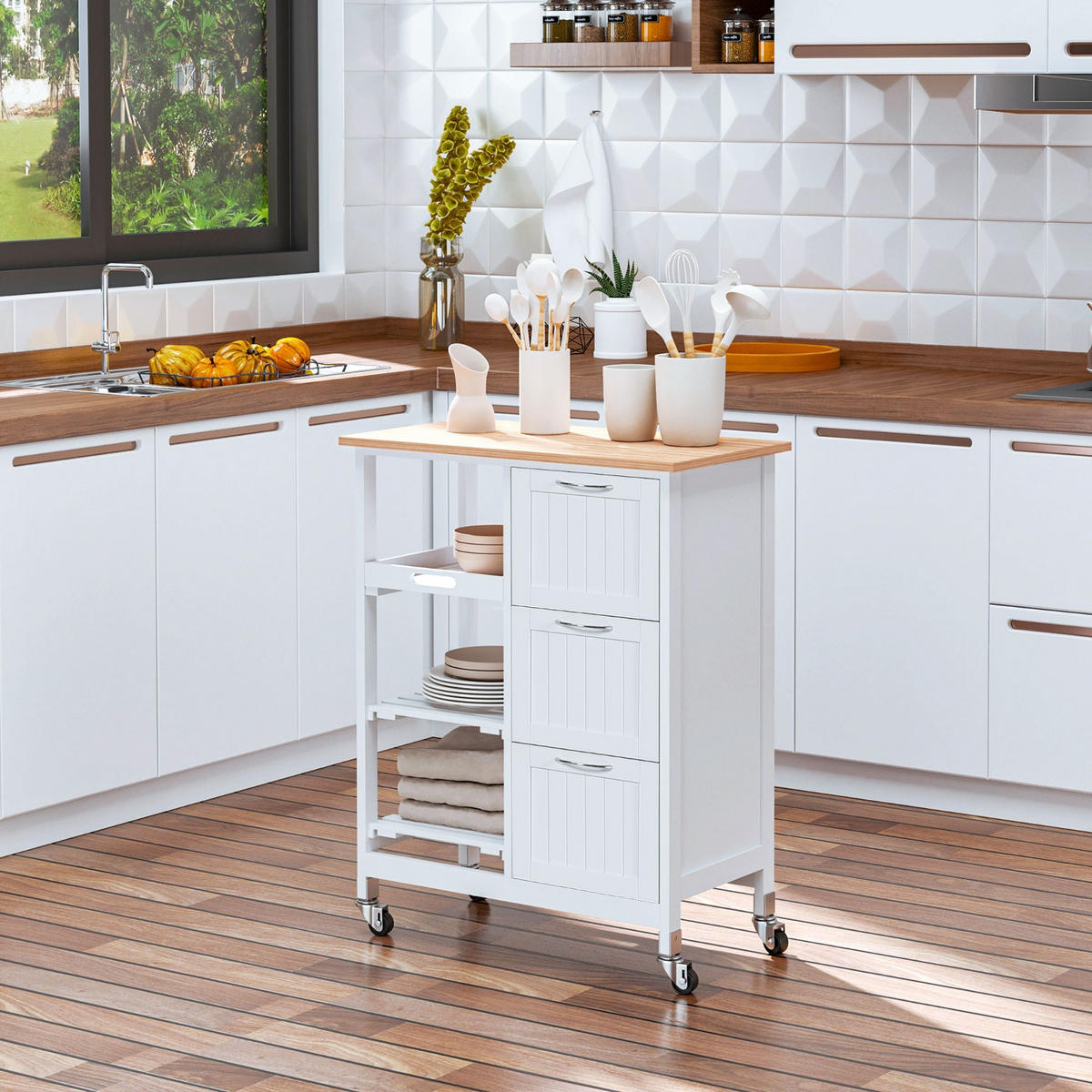 KÜCHENINSEL Weiß, SERVIERWAGEN MIT 3 SCHUBLADEN, Aus MDF, 67/37/84 cm - Weiß, Holzwerkstoff (37/84/67cm) - Rolipo