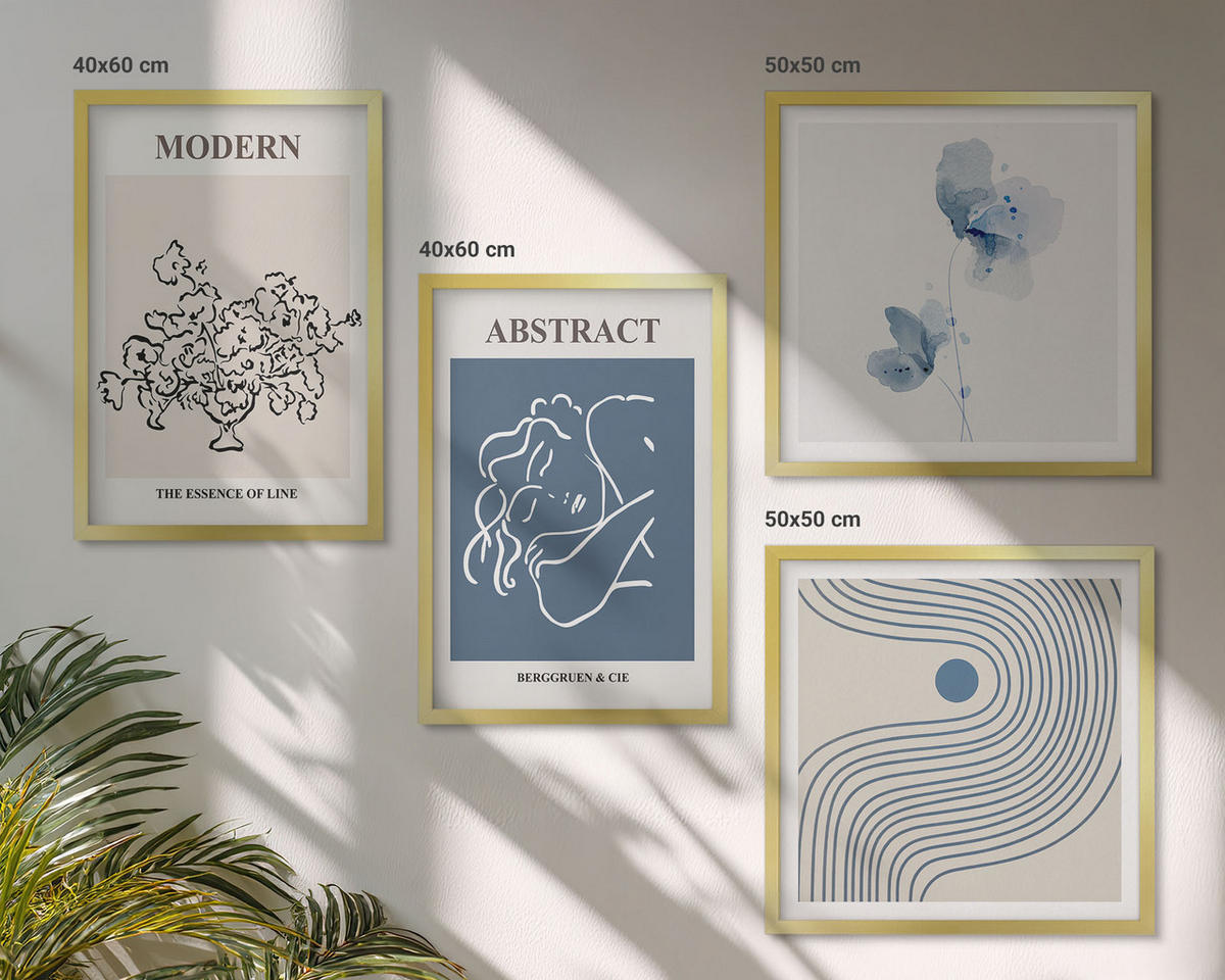 WANDBILDER 4er Set - 50x50 cm & 40x60 cm Goldrahmen - abstrakte Poster mit Blumenlinien - Goldfarben, Kunststoff (50/50cm) - ArtPrintCave