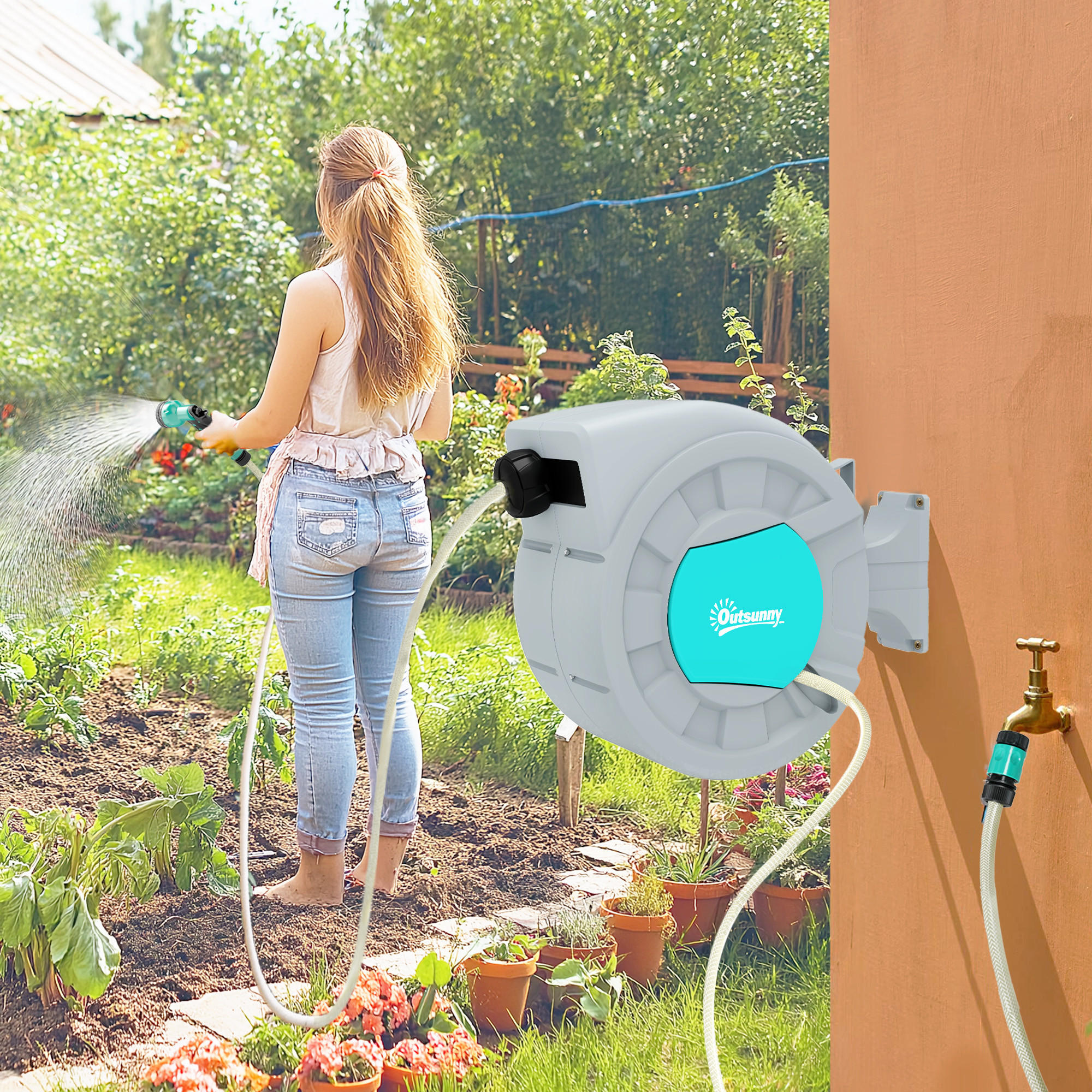 SCHLAUCHTROMMEL mit Gartenschlauch 20m - Grau, Kunststoff (21/41.5/55cm) - Outsunny