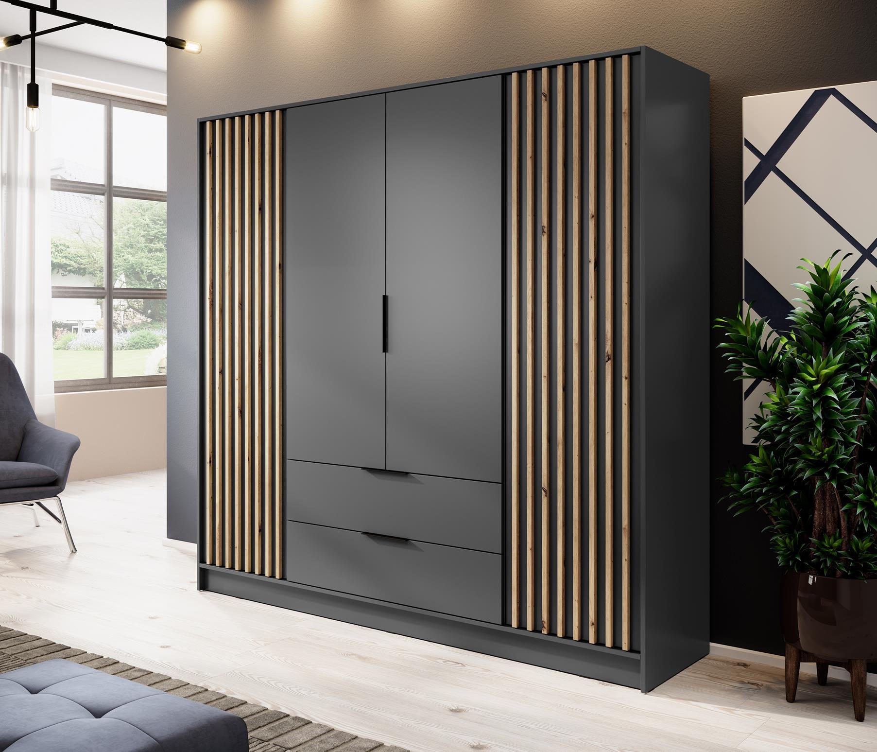 KLEIDERSCHRANK Nelly Graphit, vierürige Schrank, Garderobe mit Schubladen - Graphitfarben, Holzwerkstoff (206/200/51cm) - Bettso