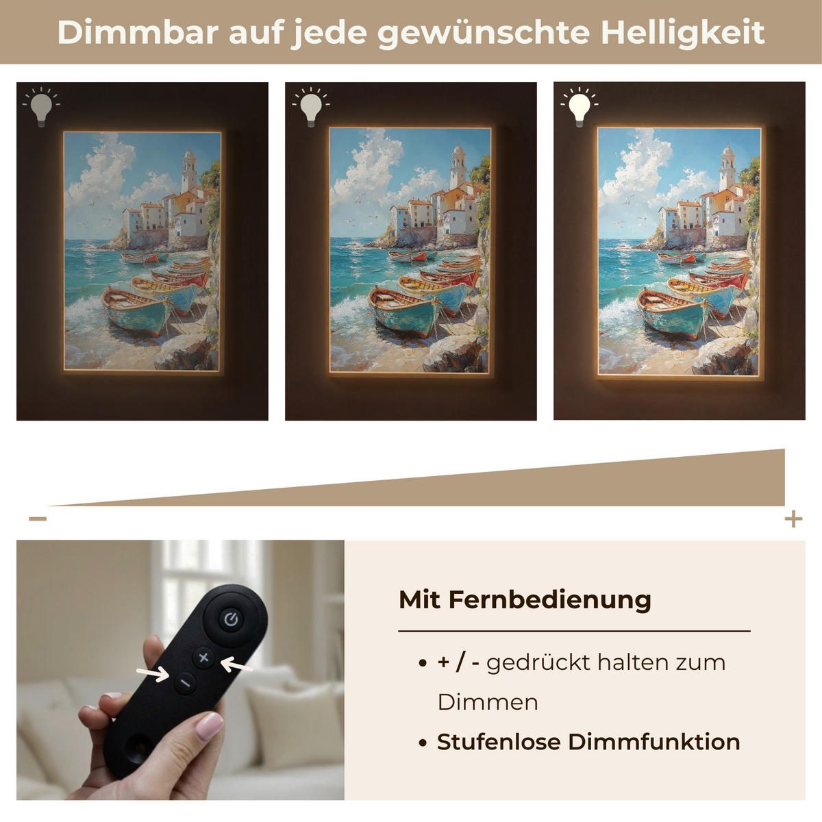 NÁSTĚNNÁ LAMPA S AKUMULÁTOREM Lodě - skály - moře - slunce 60x90 cm - modrá, kompozitní dřevo (60/90/8cm) - OnlyWow