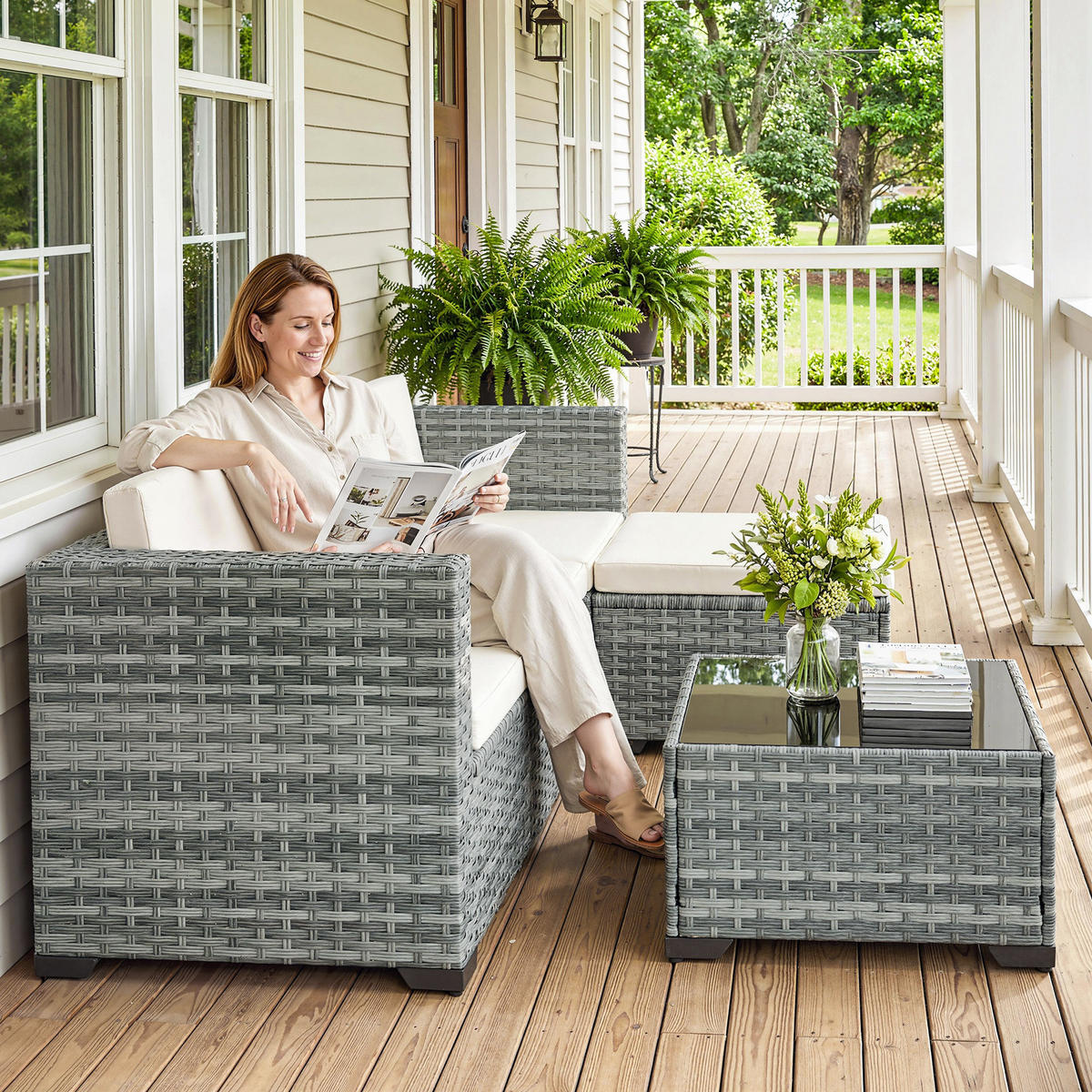 GARTENMÖBEL-SET 5-teilig DE-06773 Ecksofa mit Tisch Grau/Cremeweiß - Grau, Kunststoff/Metall - ComfortXL