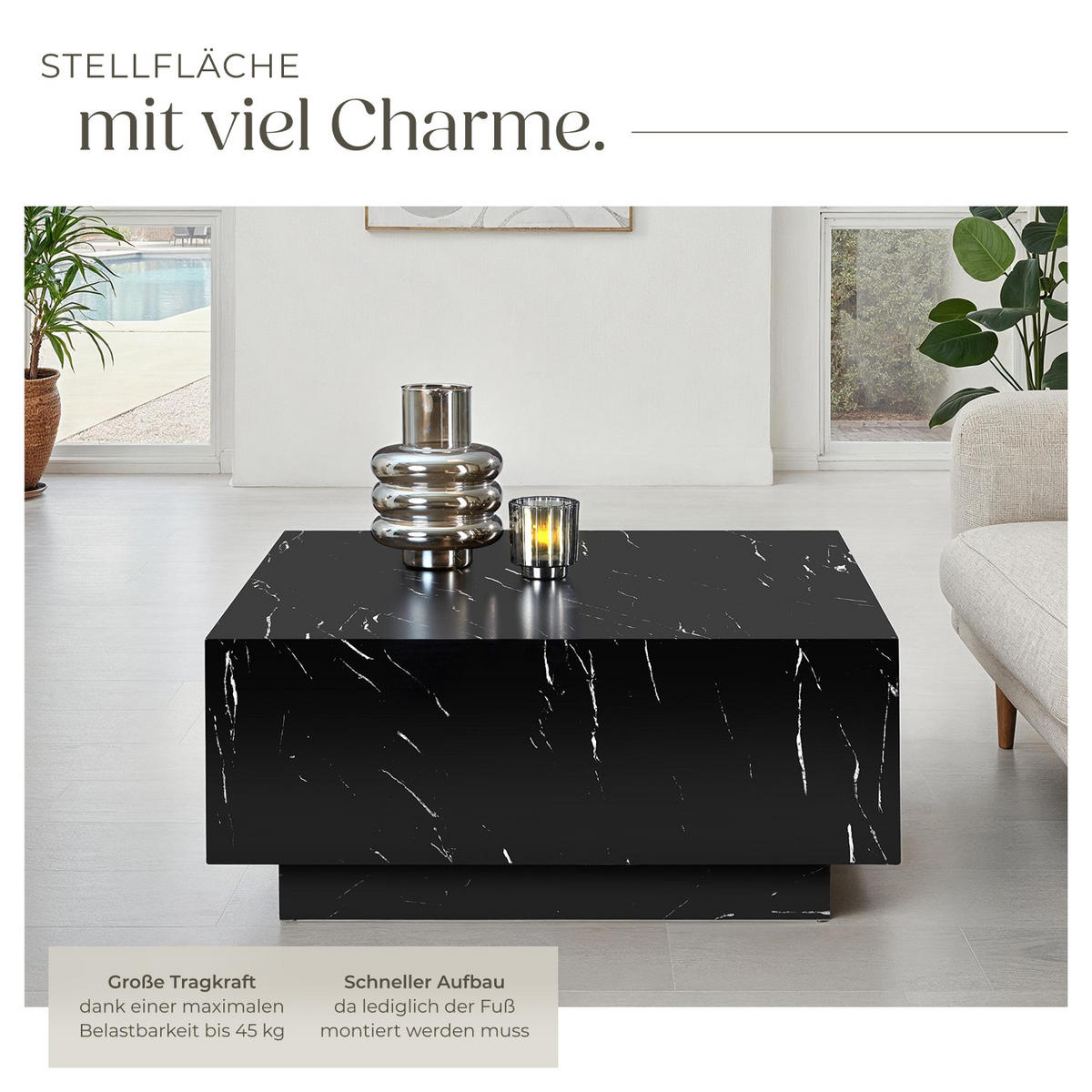 COUCHTISCH Lasley,80 x 80 x 35 cm,Marmor Optik schwarz - Schwarz, Holz (80/80/35cm) - tectake