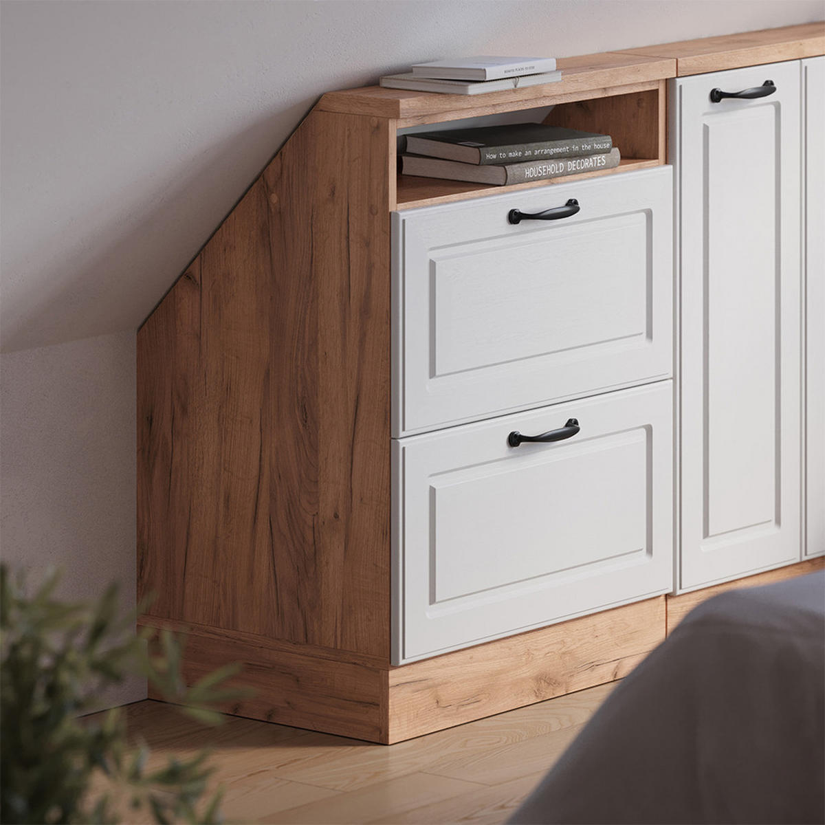 DACHSCHRÄGENSCHRANK Rion Weiß Landhaus/Goldkraft Eiche mit 2 Schubladen - Honigeiche/Weiß, Holzwerkstoff (60/81.6/46cm) - Vicco