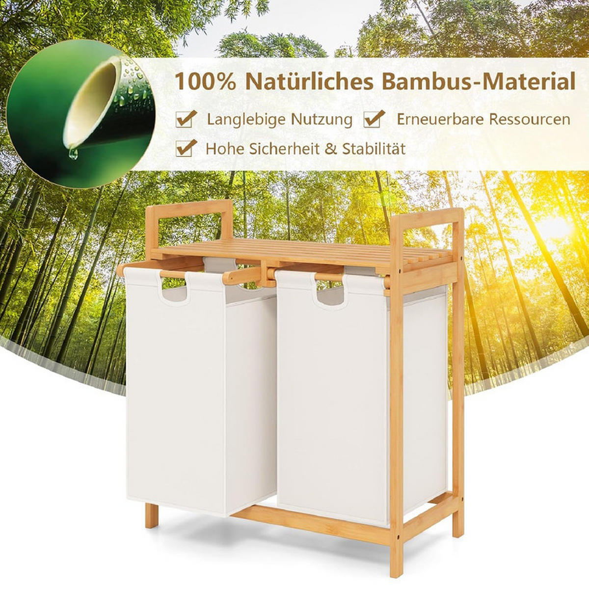 WÄSCHEKORB mit Wäschesäcken weiß - Weiß, Naturmaterialien (64/73/33cm) - COSTWAY