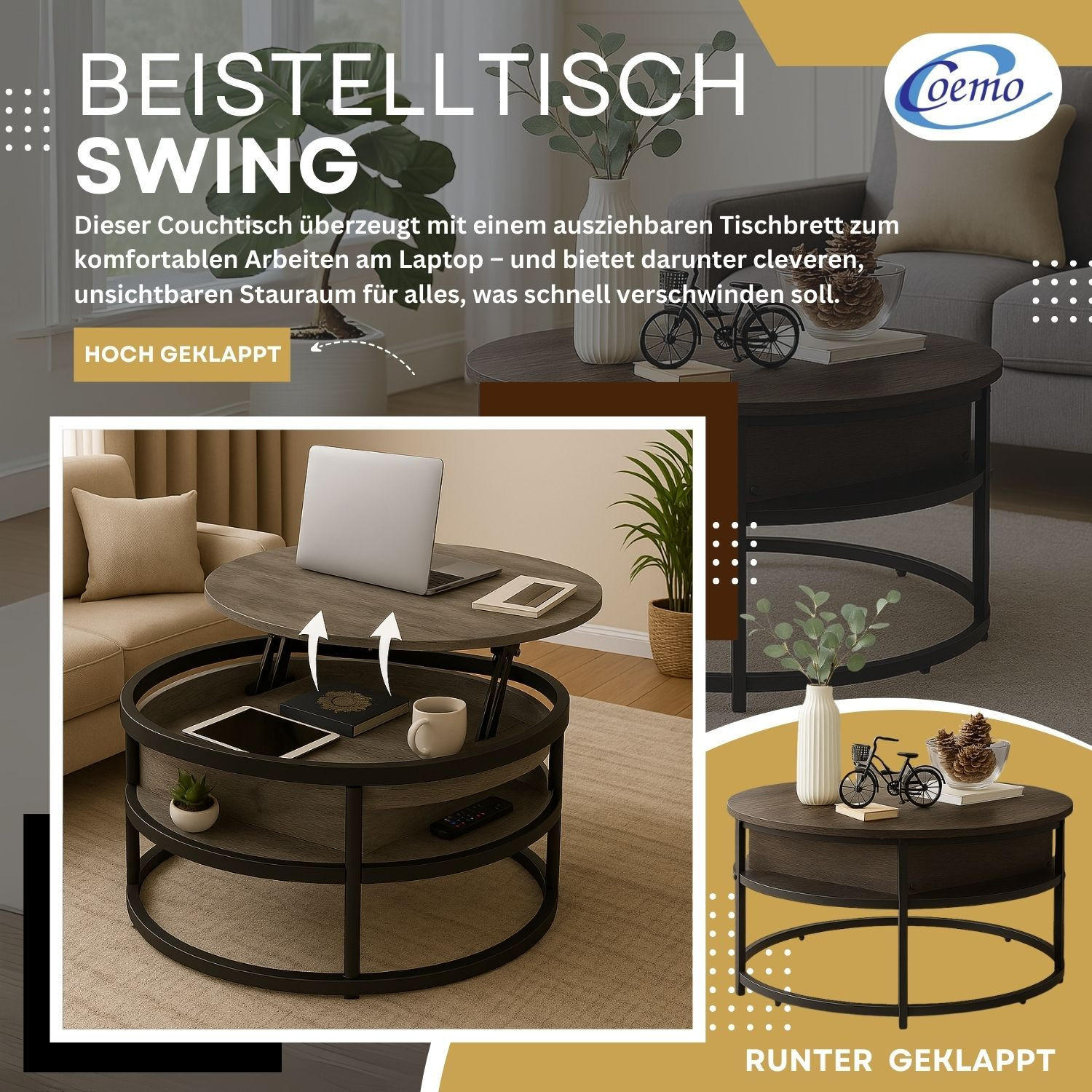 COUCHTISCH SWING Grau verstellbare Tischplatte Aufbewahrungsfach - Grau, Metall (80/80/47cm) - Coemo