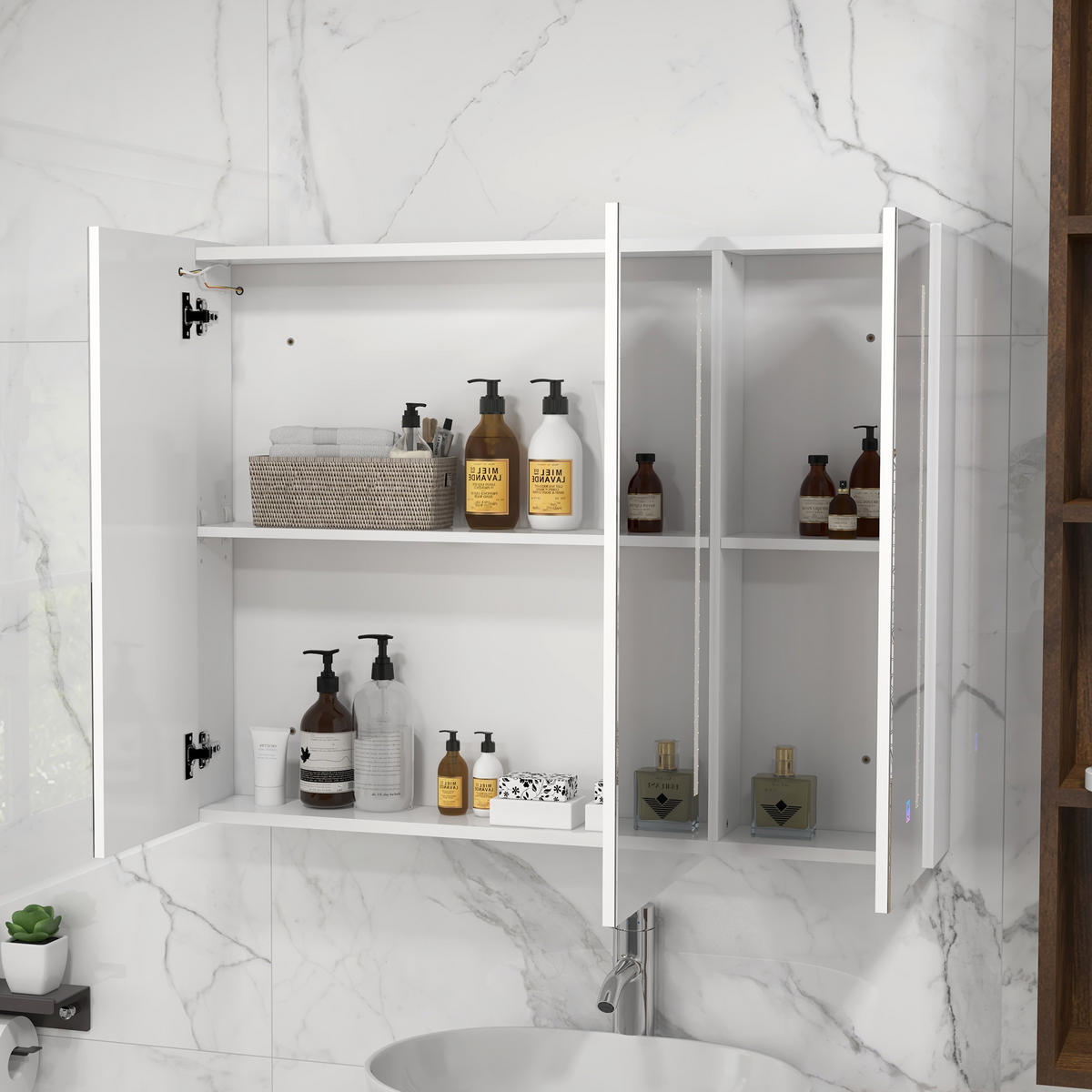 SPIEGELSCHRANK, Spiegelschrank mit USB-Ladeanschluss, 90 x 15 x 70 cm ,Weiß - Weiß, Glas (90/70/15cm) - Vallsero