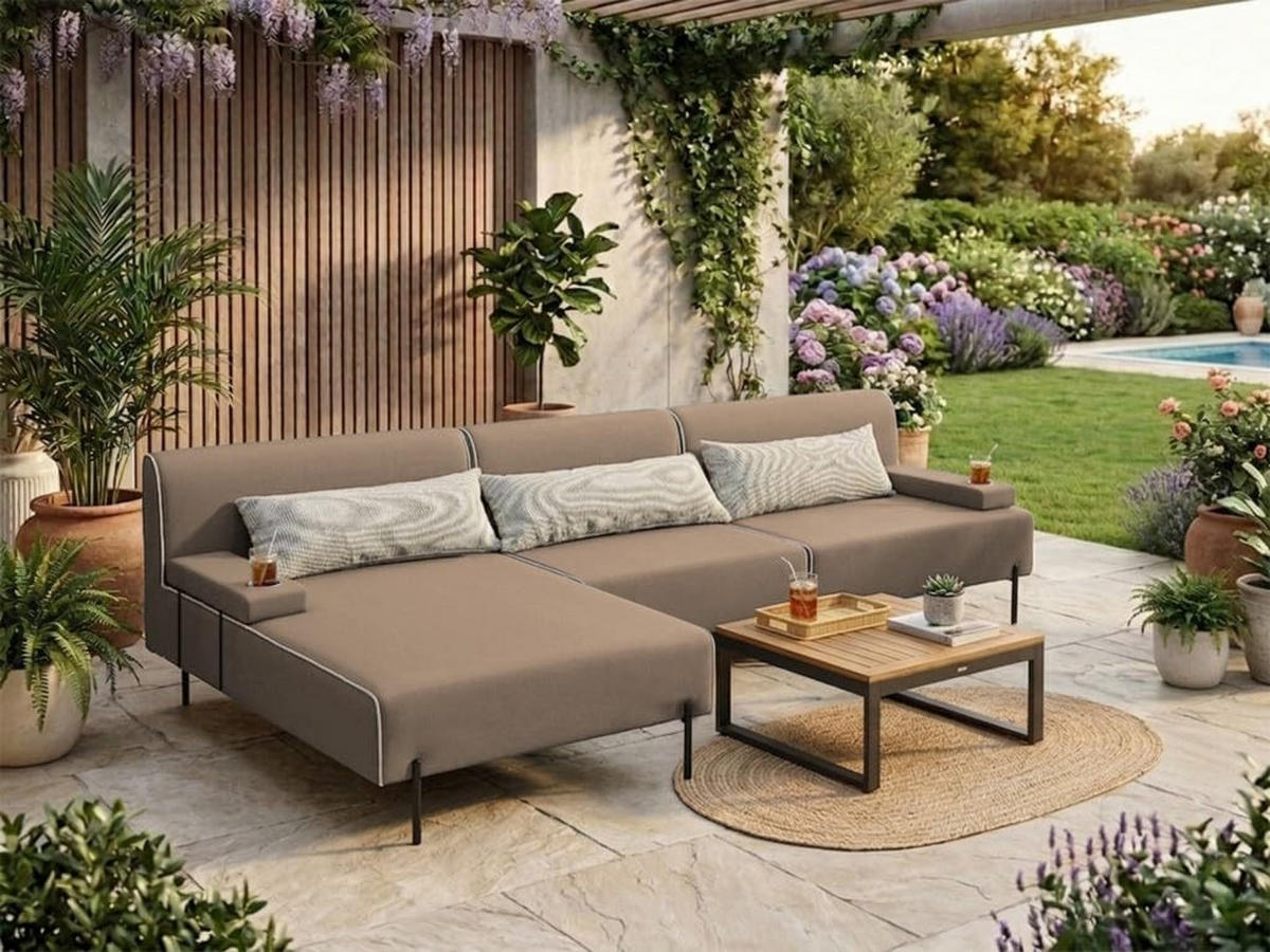 GARTENSOFA BORNEO S Wetterfest 300x170x86 cm, Links, Solide Konstruktion, HR-Schaumfüllung, Wetterfeste Bezugstoff, Beige - Beige, Holz/Metall (300/86/170cm) - Trada