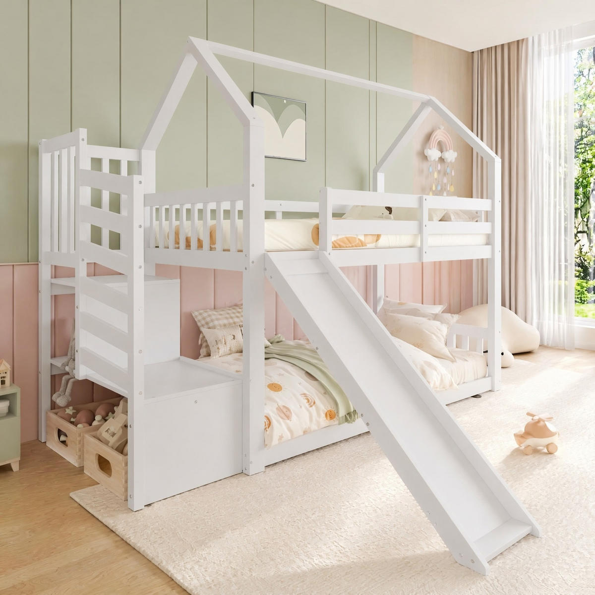 ETAGENBETT 90/200 cm in Weiß mit Stauraumtreppe und Rutsche - Weiß, Holz (90/200cm) - OKMYHOME