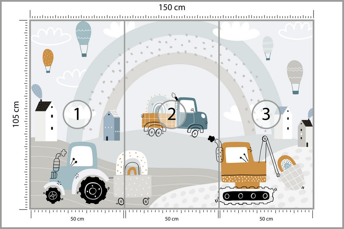 FOTOTAPETE für Kinderzimmer Baumaschinen Regenbogen Hügel Wolken 150x105 - Blau/Beige, Papier (150/105cm) - Muralo