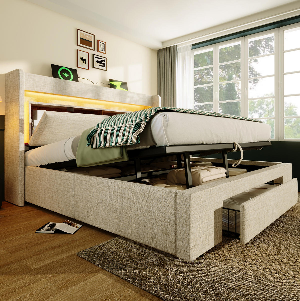 POLSTERBETT mit Stauraum, LED und USB 160x200 cm Leinen Beige inkl. Matratze - Beige, Metall (160/200cm) - Meubliv