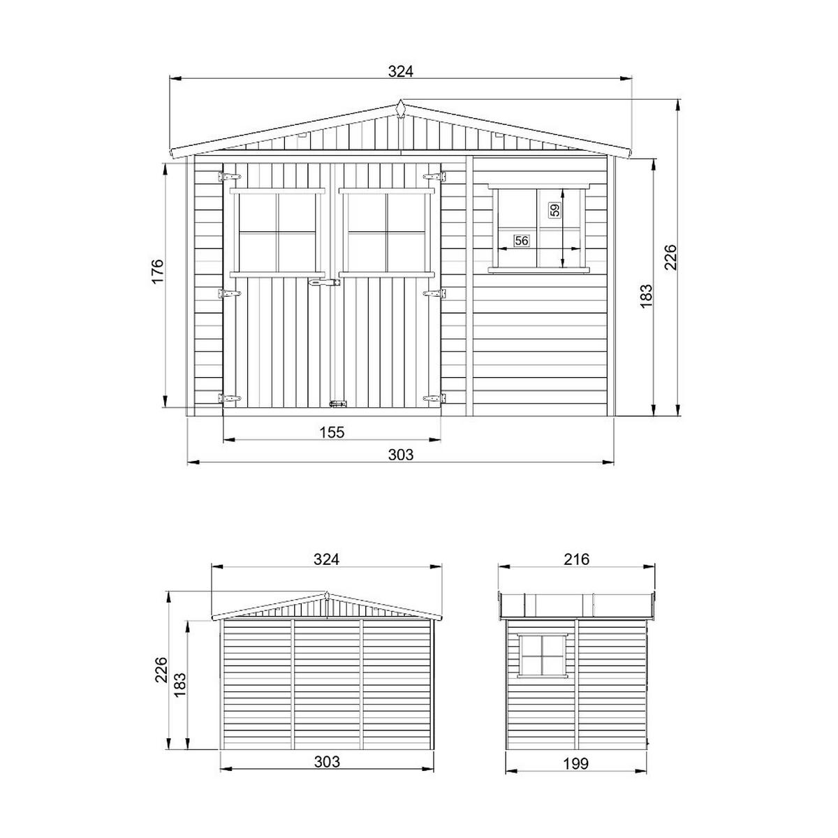 M334 GARTENHAUS HOLZ mit Fenstern - H226x324x216 cm/6 m² - Beige, Holz (324/226/199cm) - Timbela