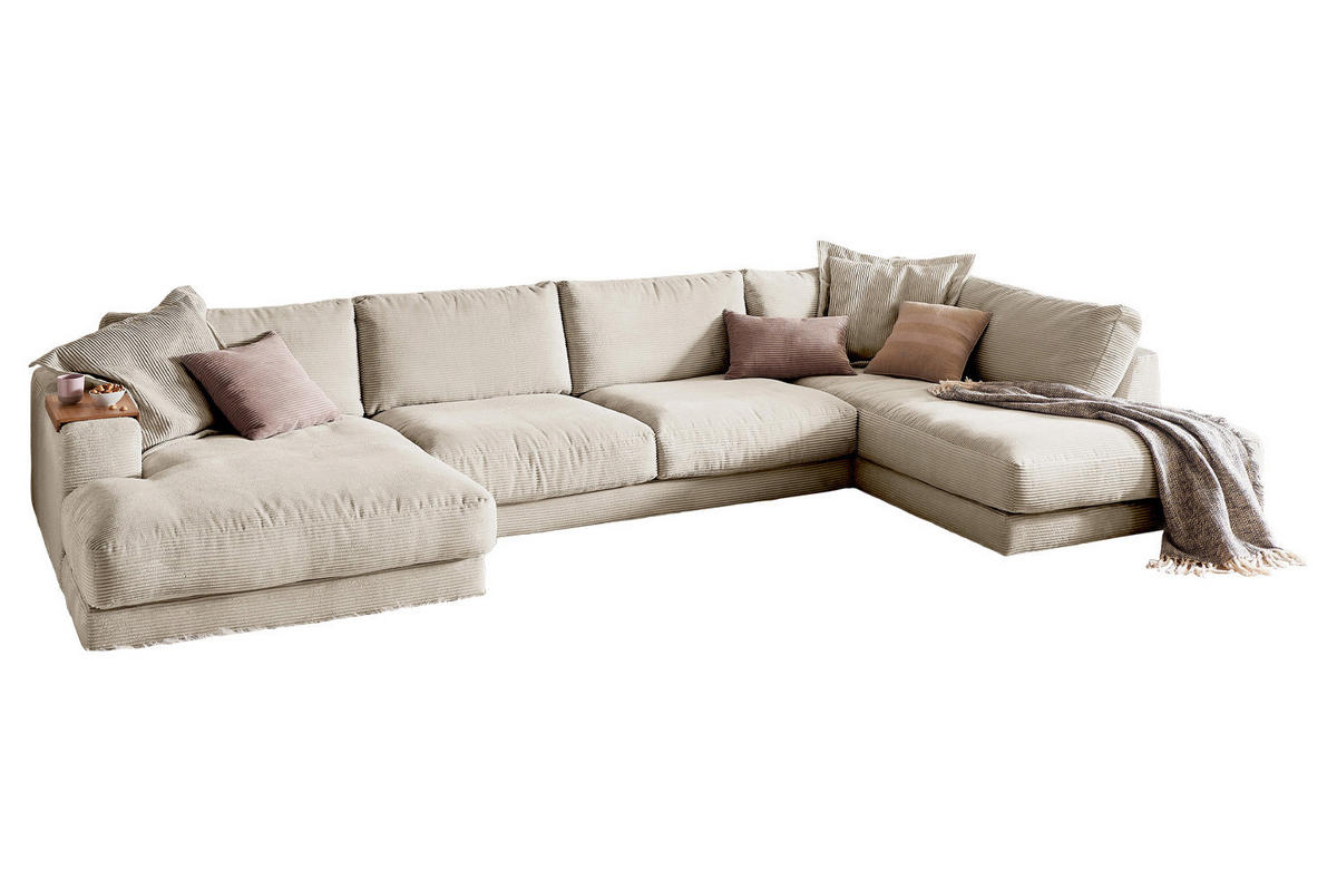 WOHNLANDSCHAFT MADELINE Cremeweiß Cord - Creme/Schwarz, Kunststoff/Textil (425/86/224cm) - KAWOLA