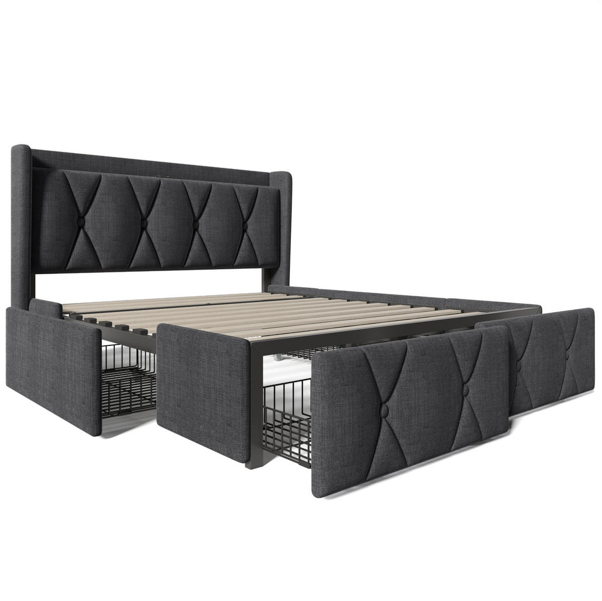 BETT mit USB und 4 Schubladen 160x200 cm Leinen Grau - Grau, Metall (160/200cm) - Meubliv
