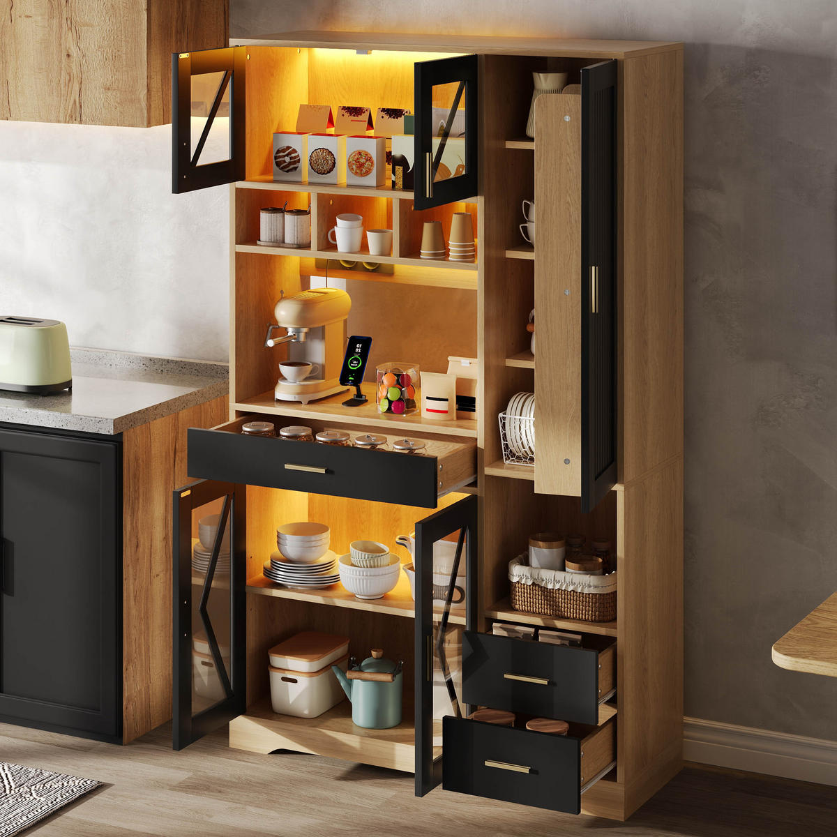 BUFFET 105/39/185 cm Schwarz mit farbwechselnder LED-Beleuchtung und 2 Schublade - Naturfarben, Holz (105/185/40cm) - Oxeza