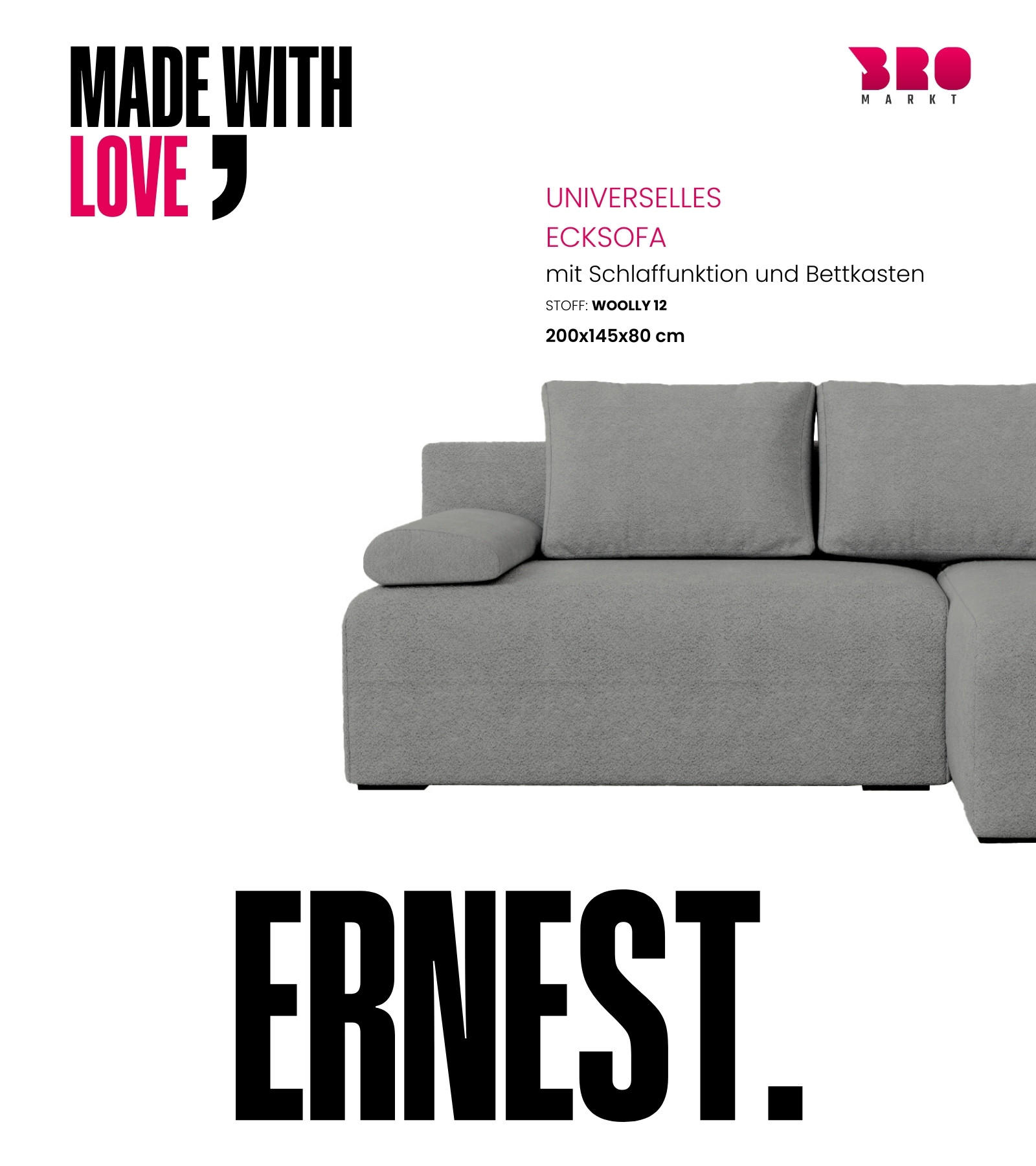 ECKSOFA Ernest mit Schlaffunktion Grau Bouclé - Grau, Textil (200/145cm) - Bromarkt