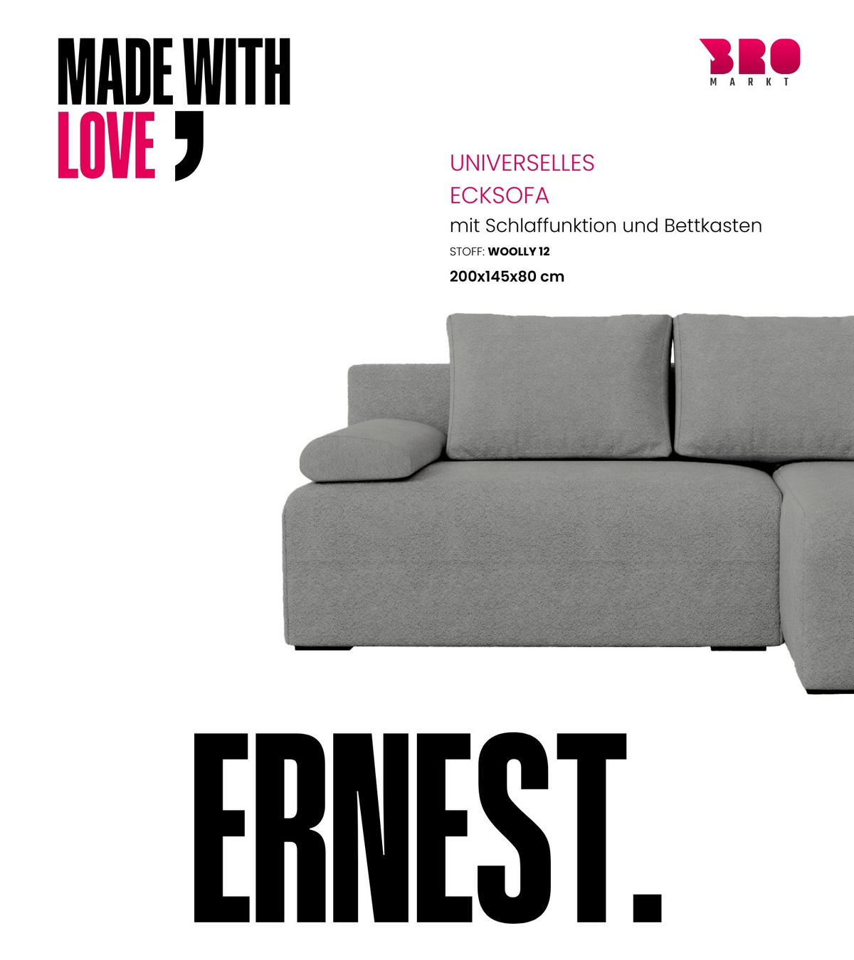 ECKSOFA Ernest mit Schlaffunktion Grau Bouclé - Grau, Textil (200/145cm) - Bromarkt
