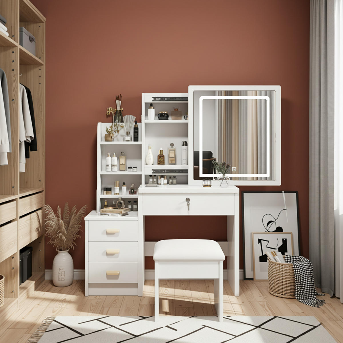 SCHMINKTISCH-SET 85 cm in Weiß mit LED-Spiegel, Hocker & verspiegelten Schiebetüren - Weiß, Holzwerkstoff (85/130/36cm) - Urban Meuble