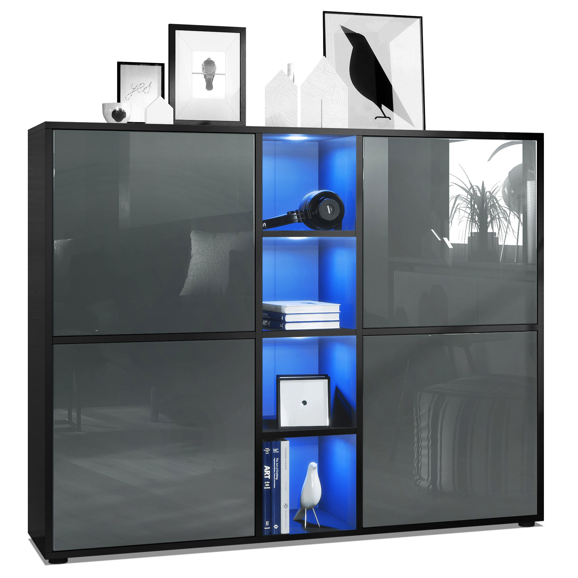 HIGHBOARD Cuba Türen in Grau Hochglanz - Grau, Holzwerkstoff (130.5/105.5/35.5cm) - Vladon