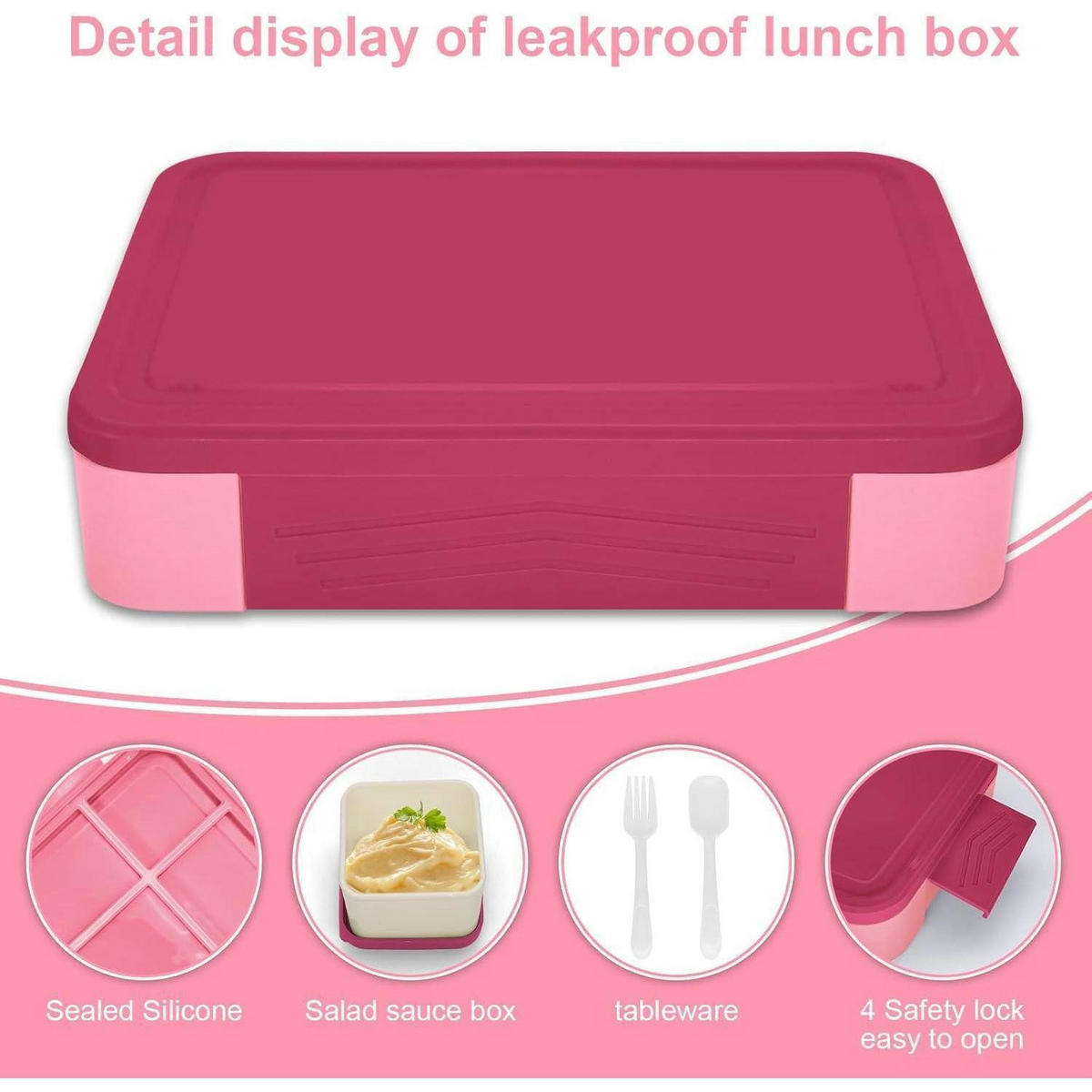 BROTDOSE Kinder mit 5 Fächern, 1300ml, auslaufsicher, Pink - Pink, Kunststoff (17/4.8/23cm)