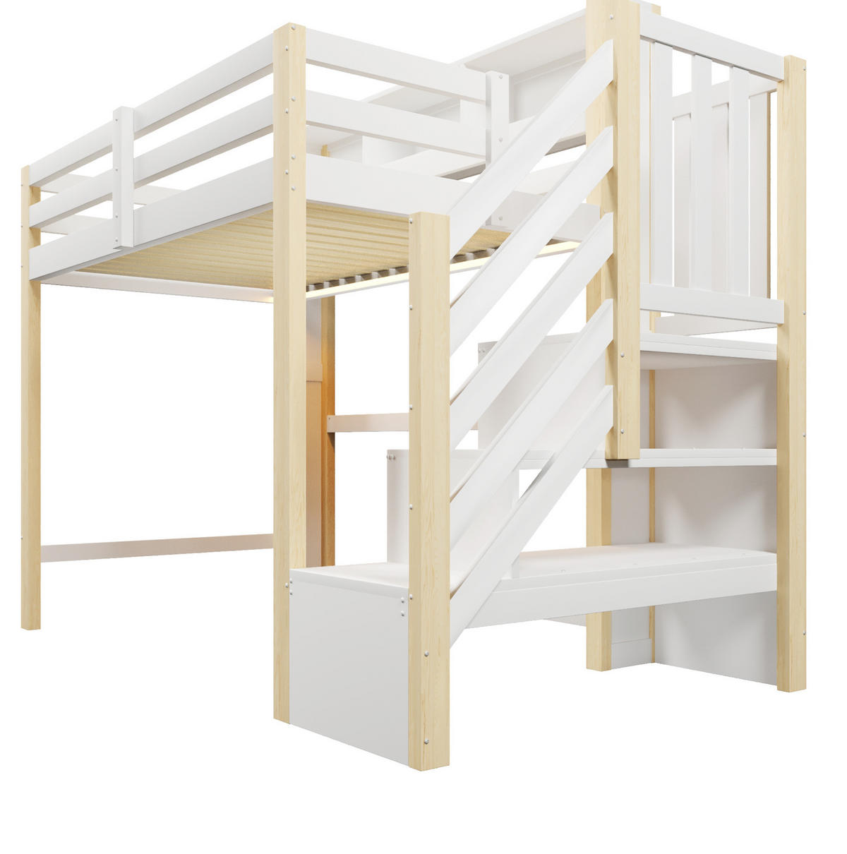 HOCHBETT 90x200 cm in Weiß und Natur mit LED-Beleuchtung, Stauraumtreppe und Ablagefach - Weiß, Holz (90/200cm) - IVMEU