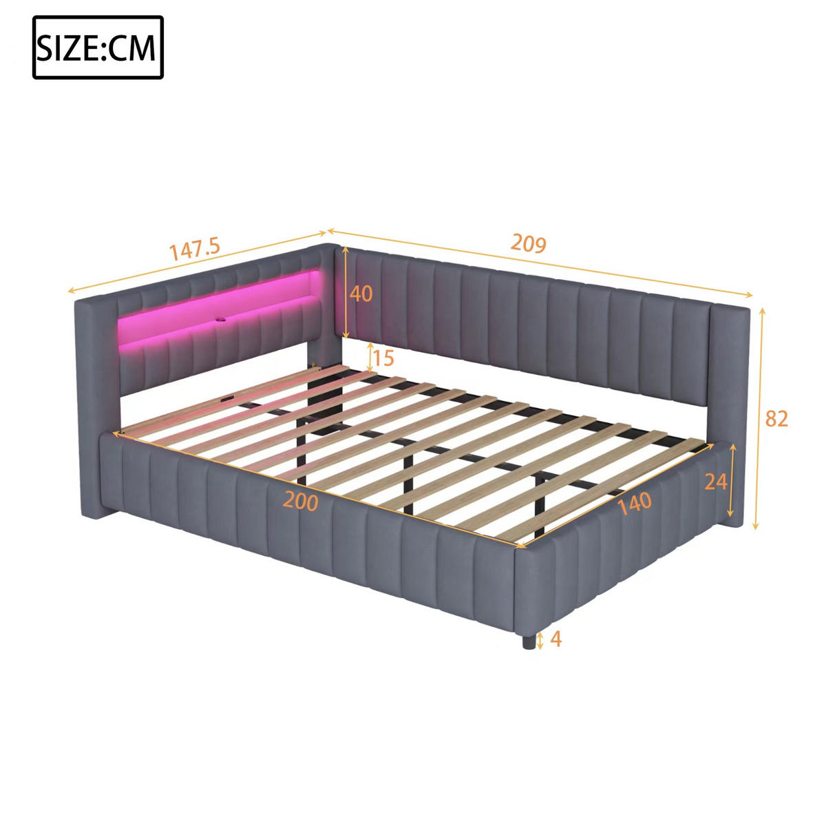 ČALÚNENÁ posteľ z velúru 140x200 cm sivá s LED osvetlením, USB portom a operadlom - sivá, textil (140/200cm) - Modfu