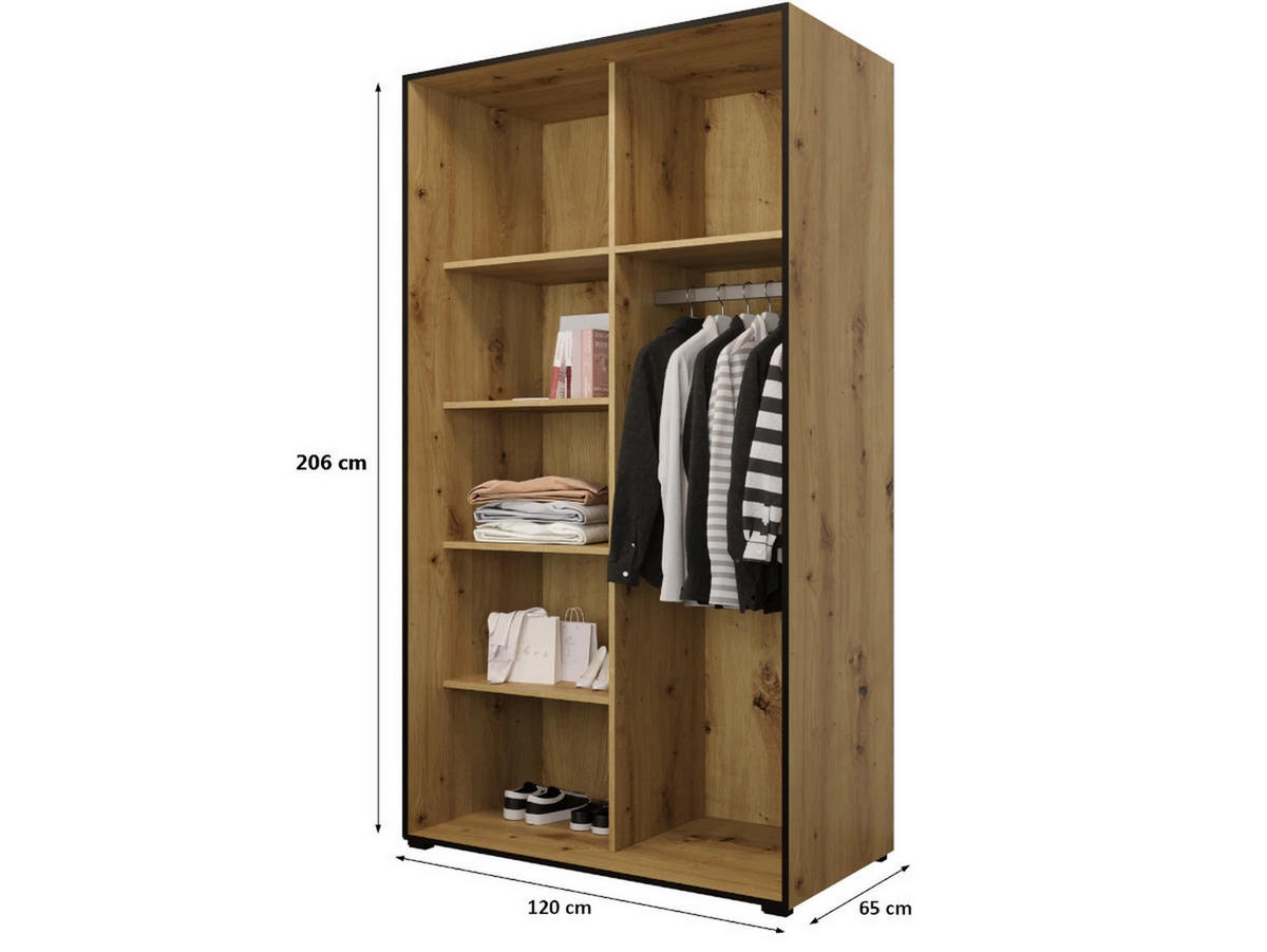 DREHTÜRENSCHRANK MODENA 120, 4-türig Kleiderschrank mit 2 Spiegel, Moderne Garderobe, Schrank in Größe: 120 x 206 x 65 cm - Schwarz/Braun, Holzwerkstoff (120/206/65cm) - O-Sofa