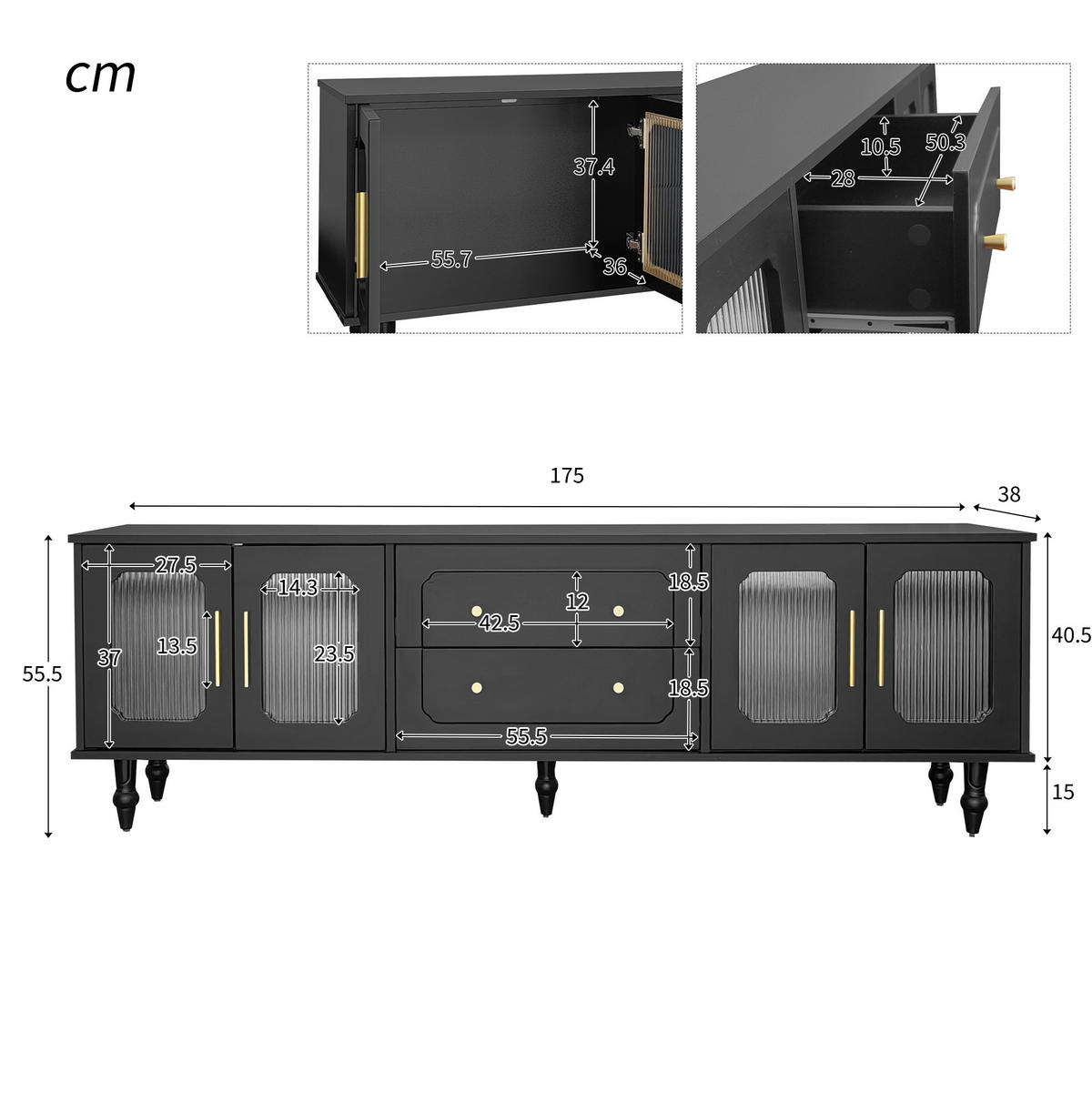 TV-SCHRANK in Schwarz mit geriffeltem Glas und Push-to-Open Funktion 175/38/55.5 cm - Schwarz, Holzwerkstoff (177/55.5/38cm) - Redom