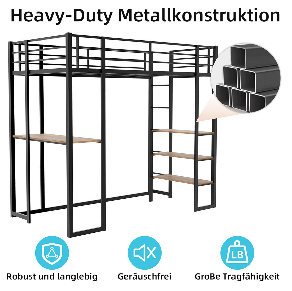 HOCHBETT 90/200 cm mit Schreibtisch, beidseitiger Leiter und stabilem Eisenrahmen, Schwarz - Schwarz, Metall (90/200cm) - Redom