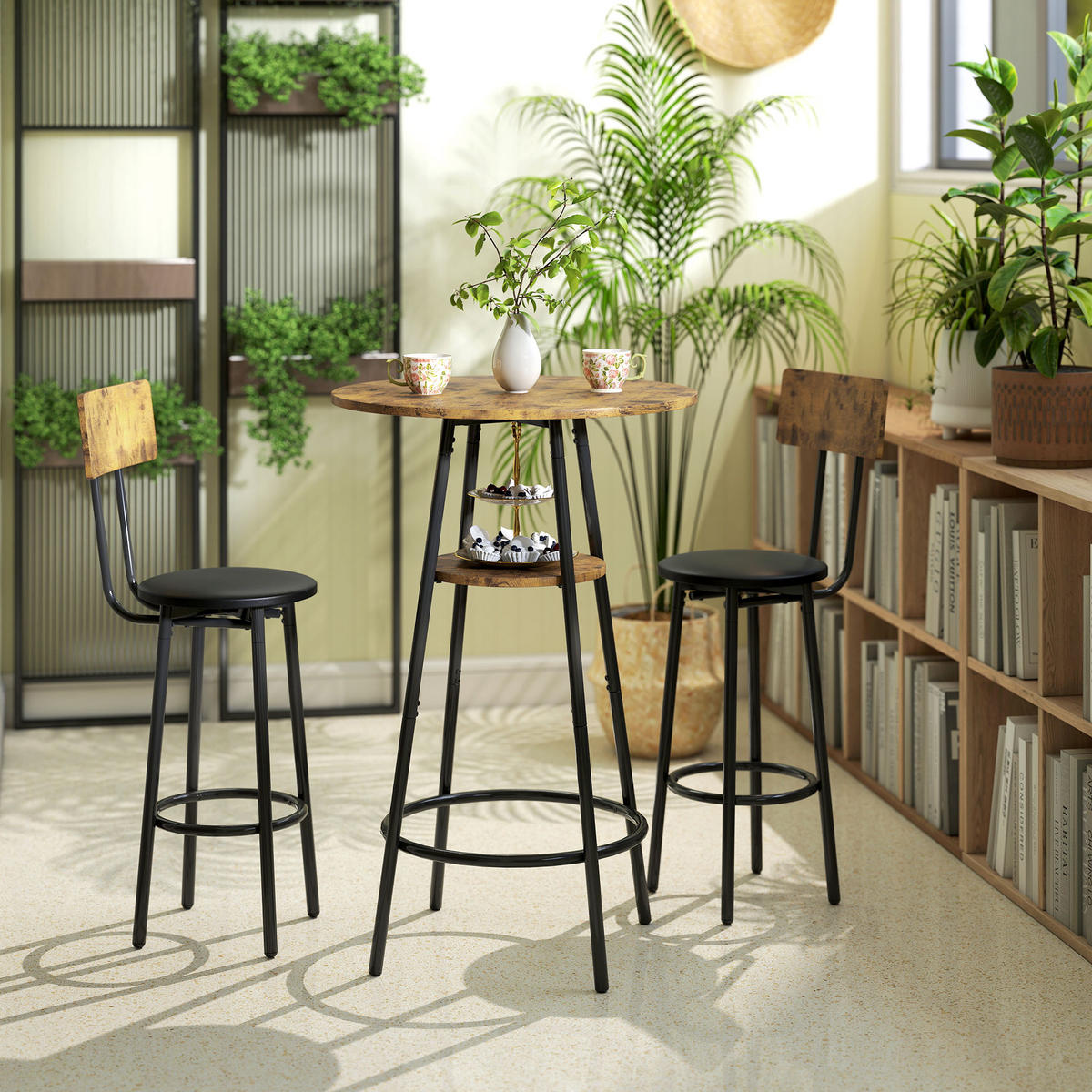 BARTISCH mit 2 Gepolsterten Stühlen mit Fußstütze, Rückenlehne, Rustikal-Braun - Braun, Holzwerkstoff (60/91/60cm) - HOMCOM