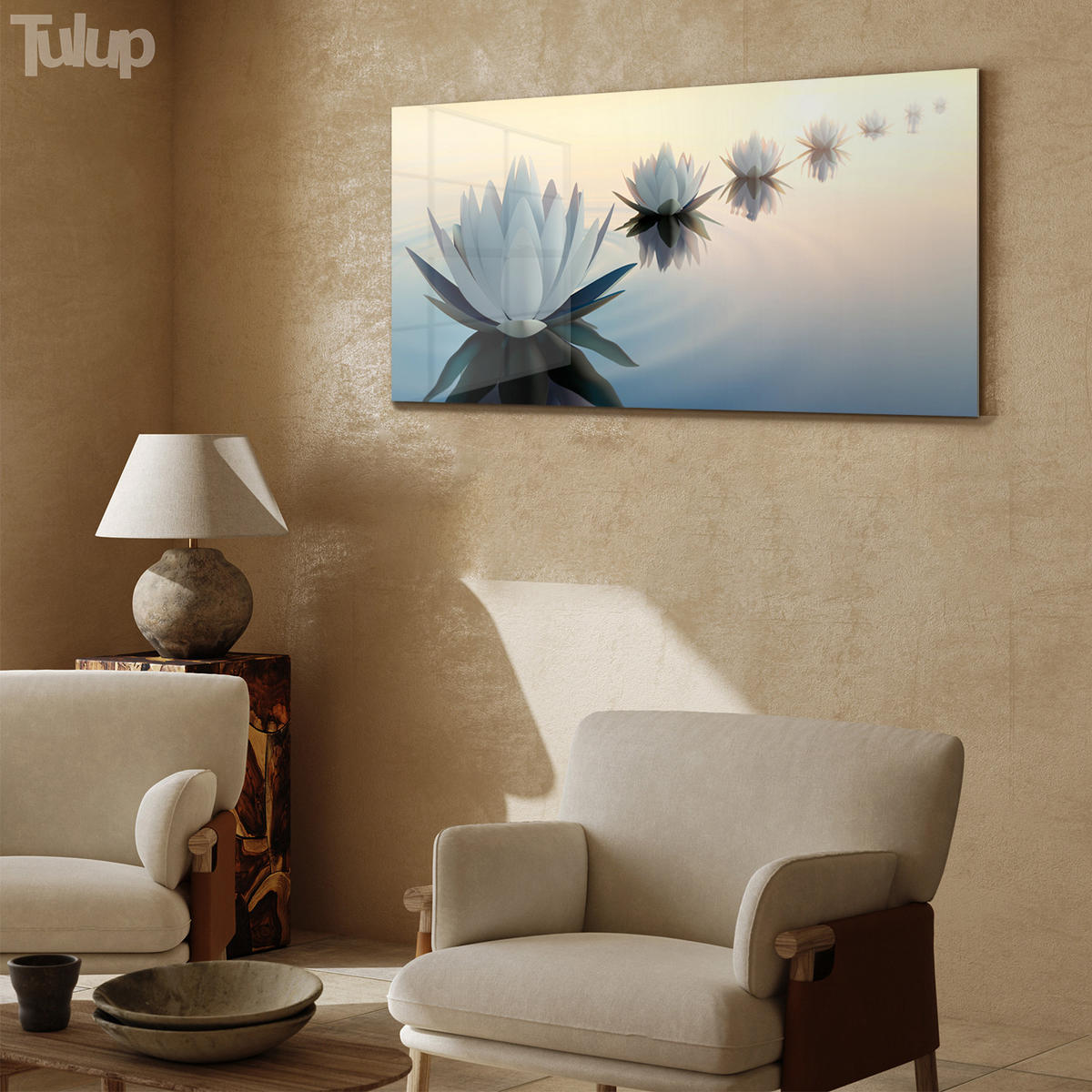 GLASBILD 120x60 cm Lotosblume - Creme/Hellblau, Glas (120/60cm) - TULUP