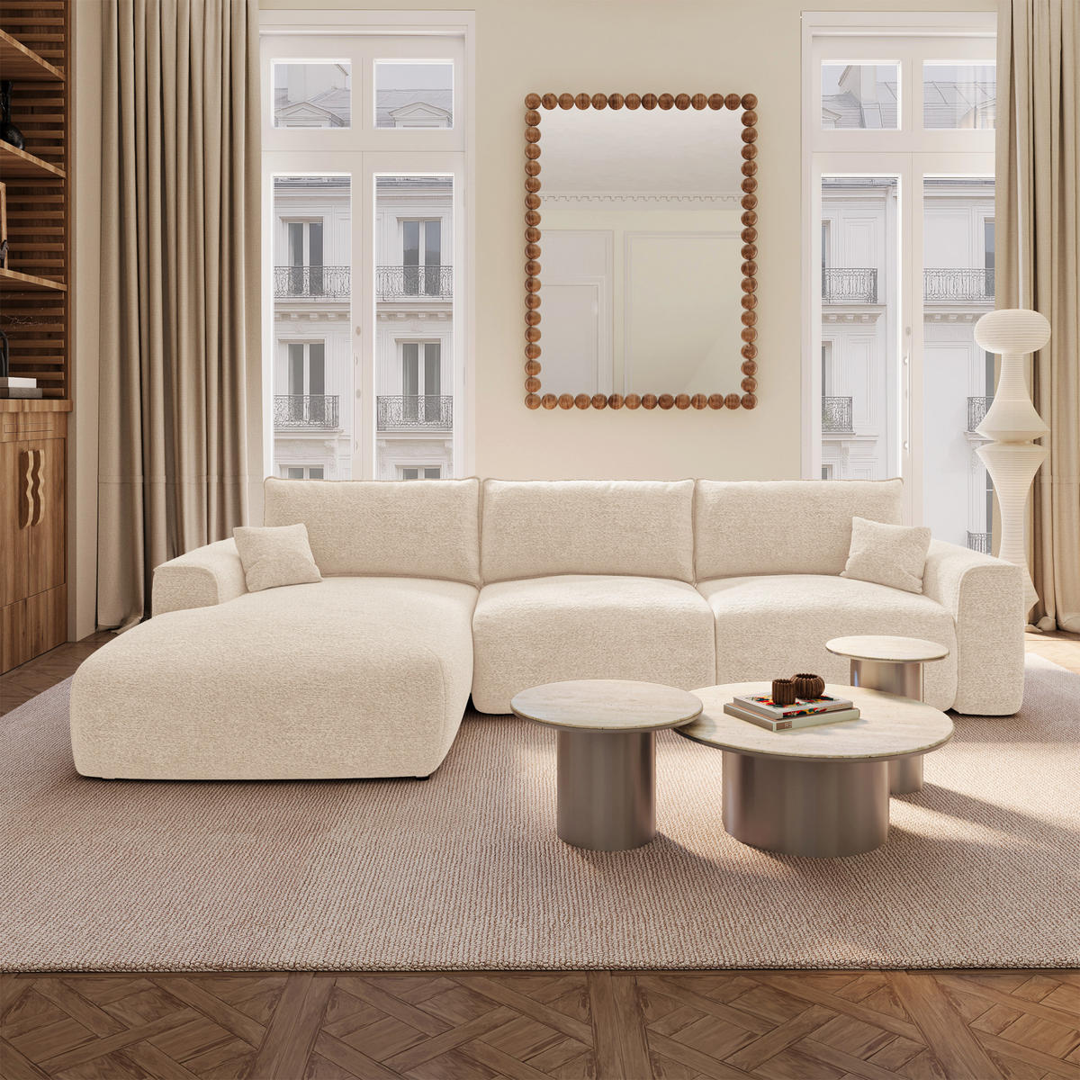 LINKSECK-SCHLAFSOFA mit Stauraum COMO Bouclé-Stoff Creme 297cm - Creme, Textil (297/167cm) - Premium Interiors