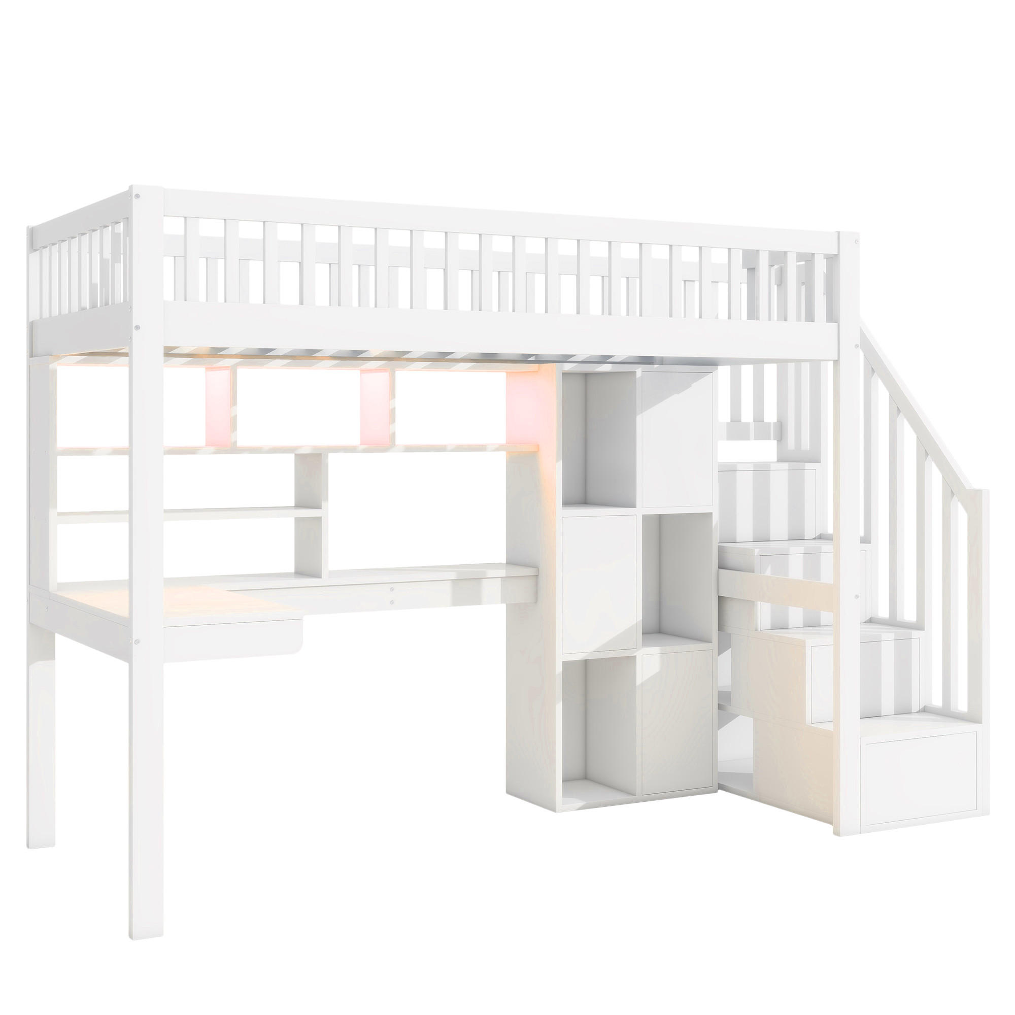 HOCHBETT 90/200 cm DE-04821, mit LED, Ablageleiter und Schreibtisch in Weiß - Weiß, Holz/Holzwerkstoff (90/200cm) - ComfortXL