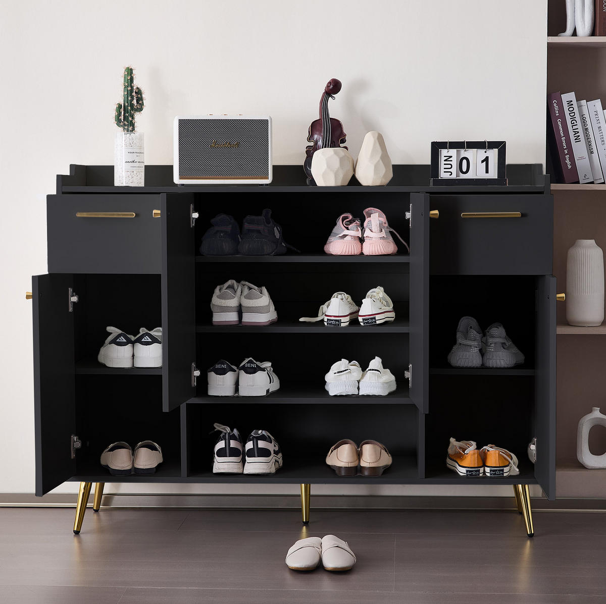 SCHUHSCHRANK aus Spanplatte 130x37x100cm in Schwarz mit 2 Schubladen - Schwarz, Holzwerkstoff (130/100/37cm) - Modfu