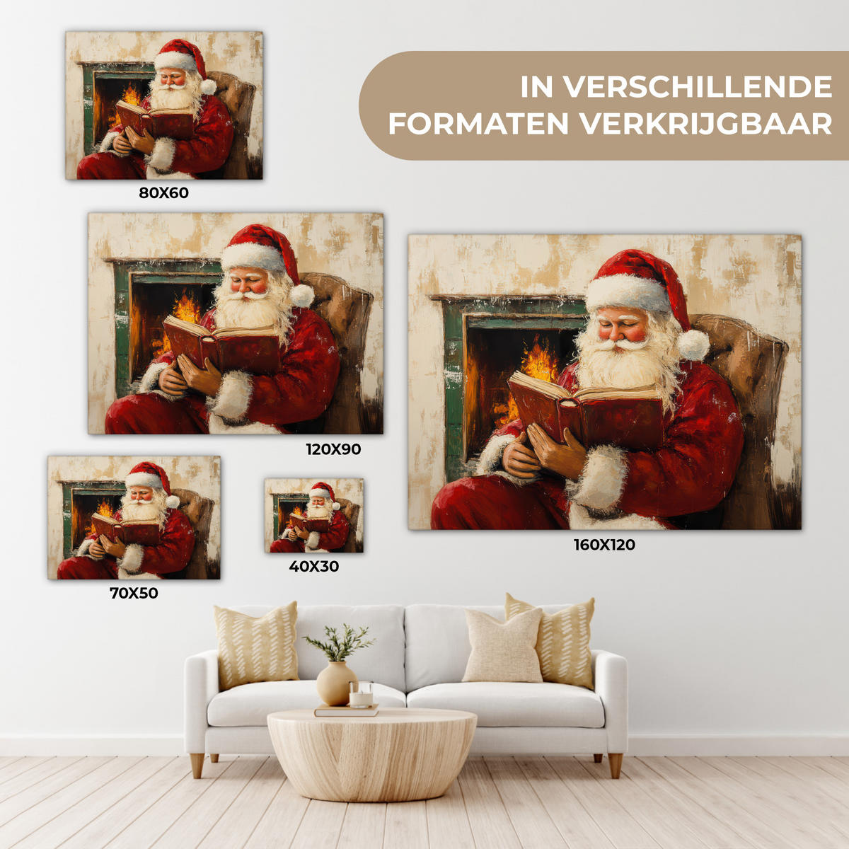 LEINWANDBILD Weihnachten - Weihnachtsmann - Winter - Open Fireside 40x30 cm - Dunkelrot, Textil (40/30cm) - MuchoWow