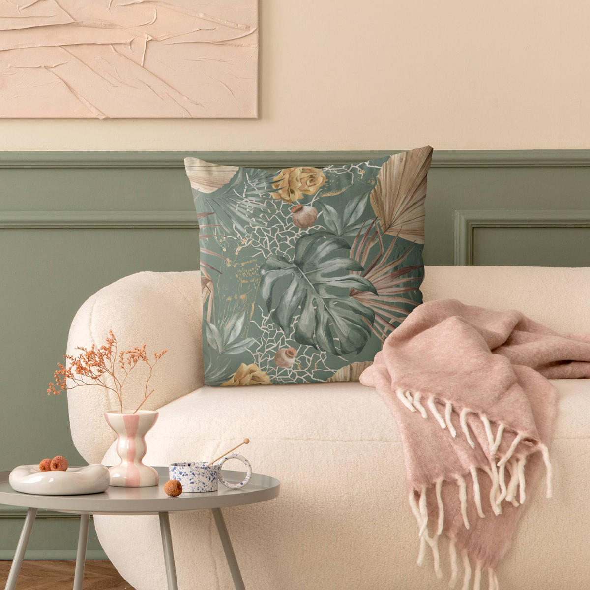 DEKOKISSEN Große Blätter mit Rosen vor Grün 40/40 cm - Grün, Textil (40/40/10cm) - Bilderwelten