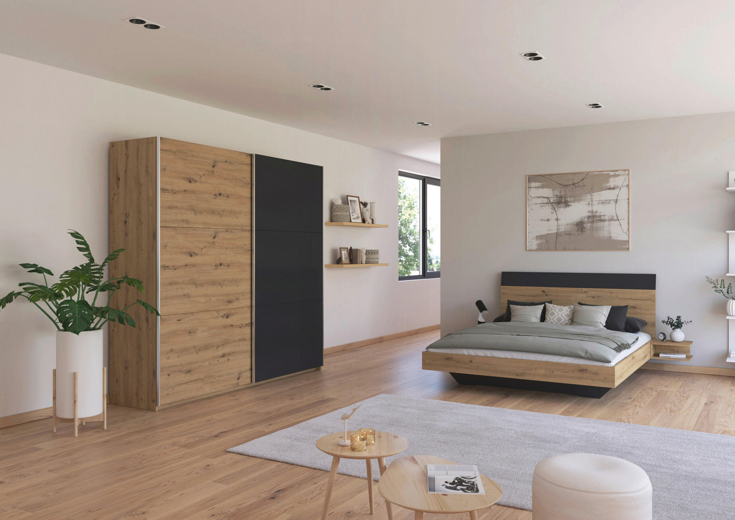 SCHLAFZIMMER Monza in Eiche Artisan und Grau Metallic mit Bettanlage 160x200cm, 2 Nachttischen und Schwebetürenkleiderschrank 4türig ohne Spiegel - Braun, Holzwerkstoff (80/200/120cm)