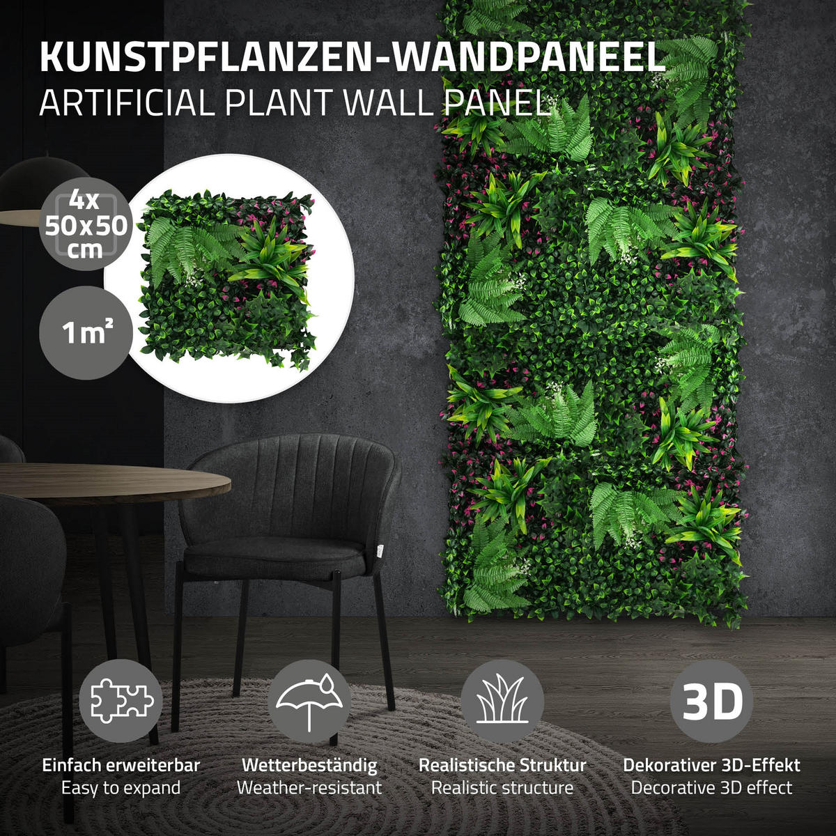 KÜNSTLICHE PFLANZENWAND 4er Set 50x50 cm Kunstpflanzen Wand Innen Aussen Grün Jungle Fern - Waldgrün/Pink, Kunststoff (50/50/10cm) - ECD-Germany