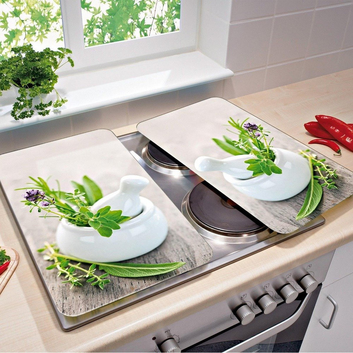 GLASPLATTEN für Herd — 2 Stück Herb Garden 52/30/0,5 cm - Multicolor, Glas (30/0.5/52cm) - Wenko