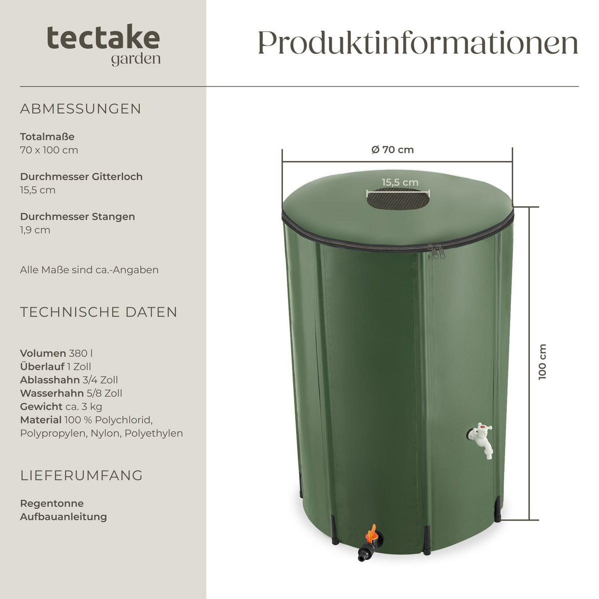 REGENTONNE , Oberseite abnehmbar, grün - Grün, Kunststoff (70/100/70cm) - tectake