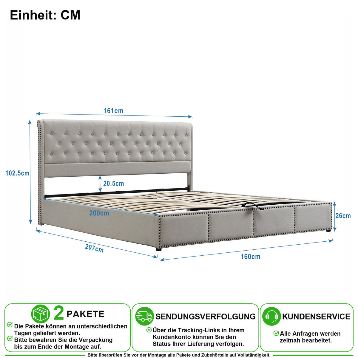 POLSTERBETT 160/200 cm in Grau Leinen mit Bettkasten und Nieten - Hellgrau, Holzwerkstoff/Textil (160/200cm) - CHICFURN
