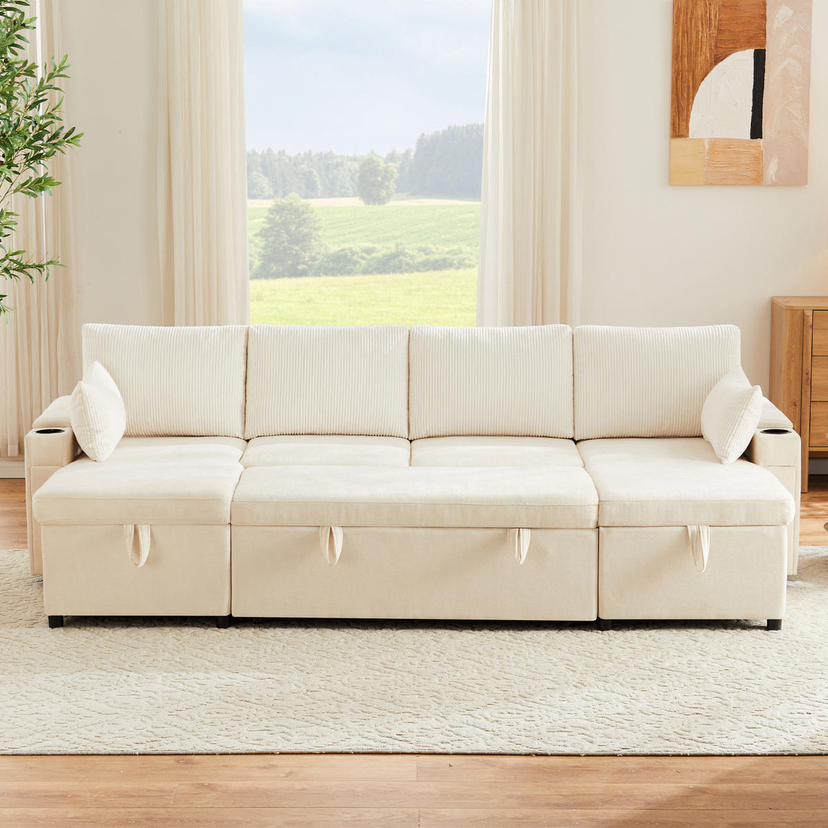 SCHLAFSOFA U-Form mit Getränkehalter und Stauraum, Beige - Beige, Textil (272/84/131cm)