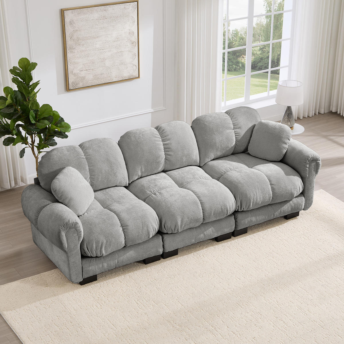 3-SITZER-SOFA DE-34384 Steppdesign und 2 Dekokissen Hellgrau - Hellgrau, Textil (86/90/260cm) - ComfortXL