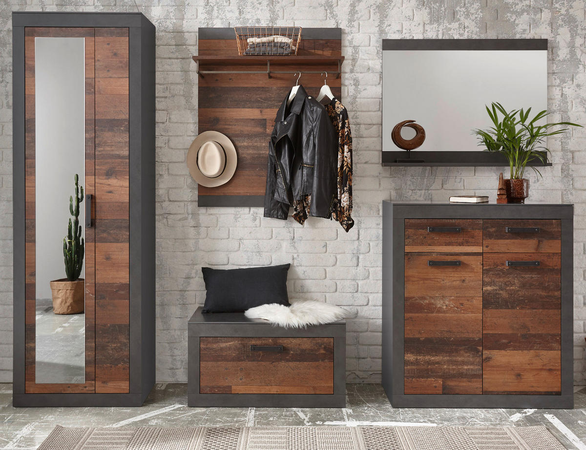 GARDEROBENPANEEL Used Wood, Matera grau 80 cm, Wandgarderobe mit Kleiderstange - Naturfarben/Grau, Holzwerkstoff/Metall (80/100/27cm) - Furn.Design