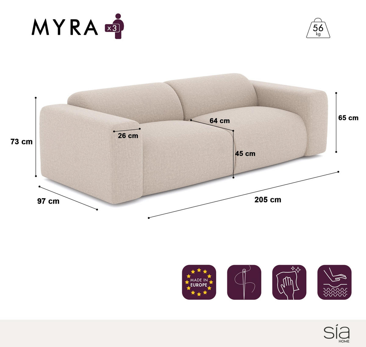 SOFA 3-Sitzer Texturierter Samt Beige 205cm - Beige, Textil (205/73/97cm) - Sia Home