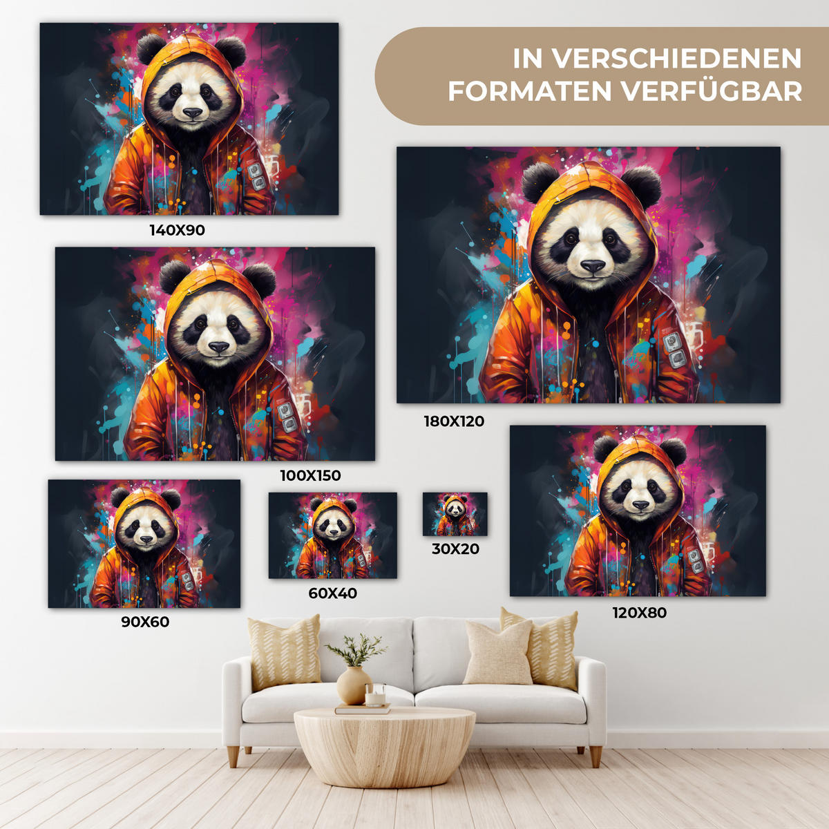 LEINWANDBILD Panda - Jacke - Graffiti - Orange 90x60 cm - Orange, Textil (90/60cm) - MuchoWow