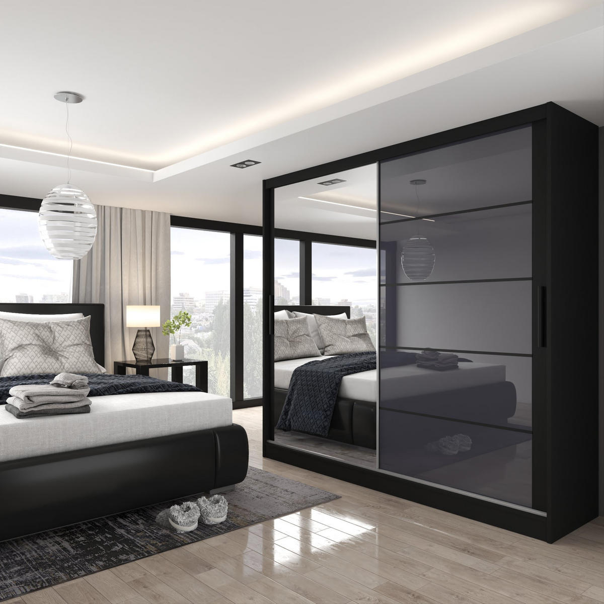 SCHWEBETÜRENSCHRANK Verona MGB, Schwarz/Grau Hochglanz, 200 cm, mit Spiegel - Grau, Holz (200/216/60cm) - B BELINI GROUP