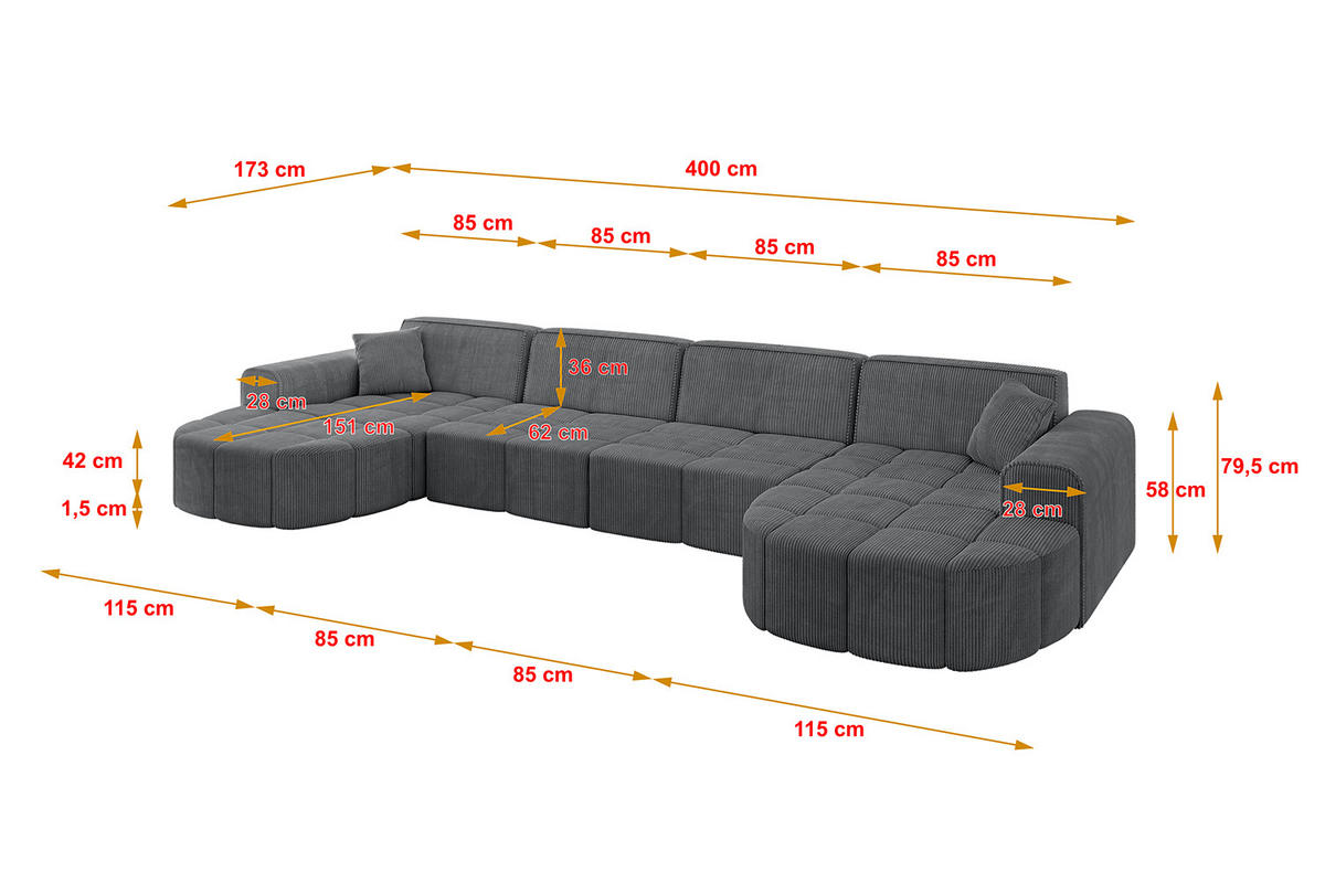 WOHNLANDSCHAFT LIVO-U2 - 400x173x79,5 cm Duneklgrau - Dunkelgrau, Holzwerkstoff/Textil (400/79/173cm) - ALTDECOR