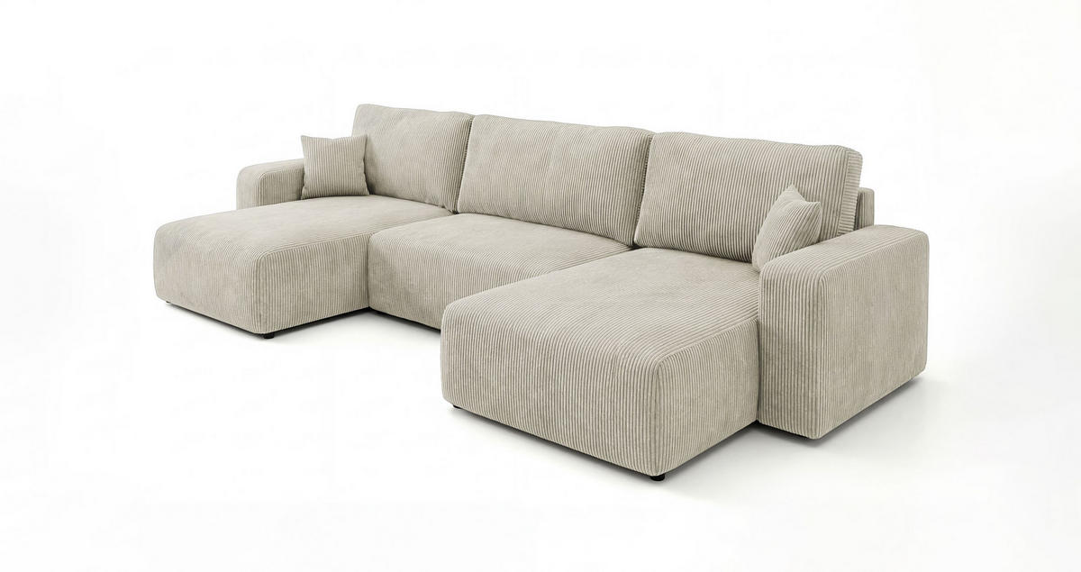 WOHNLANDSCHAFT BERLIN U-Form weiß Cord Poso 100 - Schlaffunktion, Bettkasten - Weiß, Textil (385/86/185cm) - Cornero
