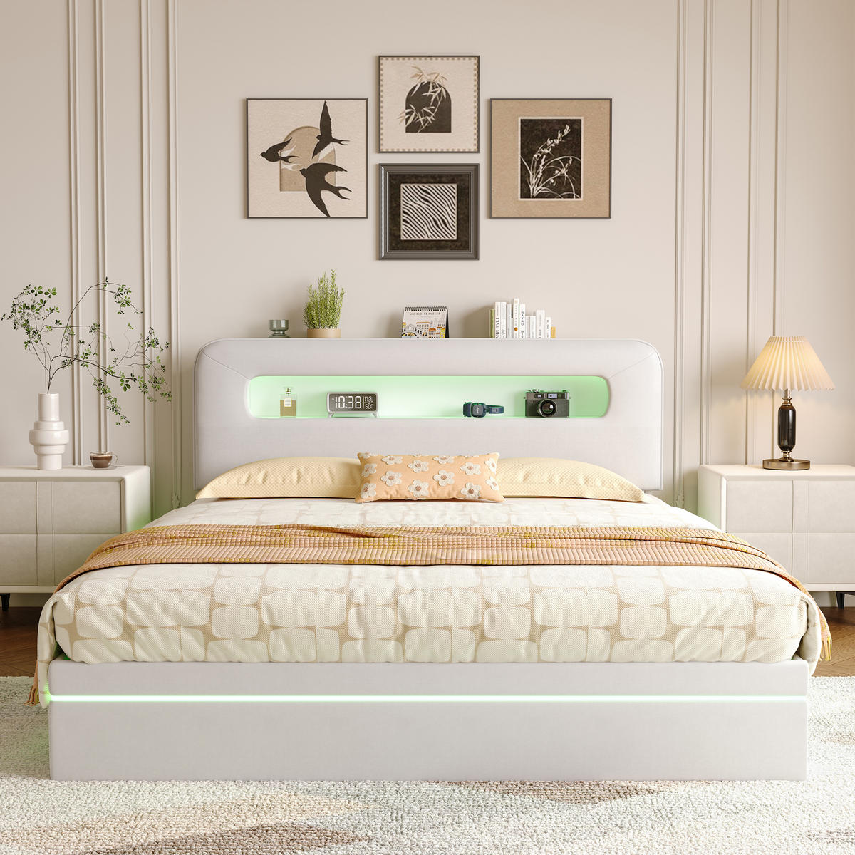 POLSTERBETT 140x200 cm LED Stauraum Lattenrost Ablagefach Samt beige - Weiß, Holz (140/200cm) - LEBENLANG